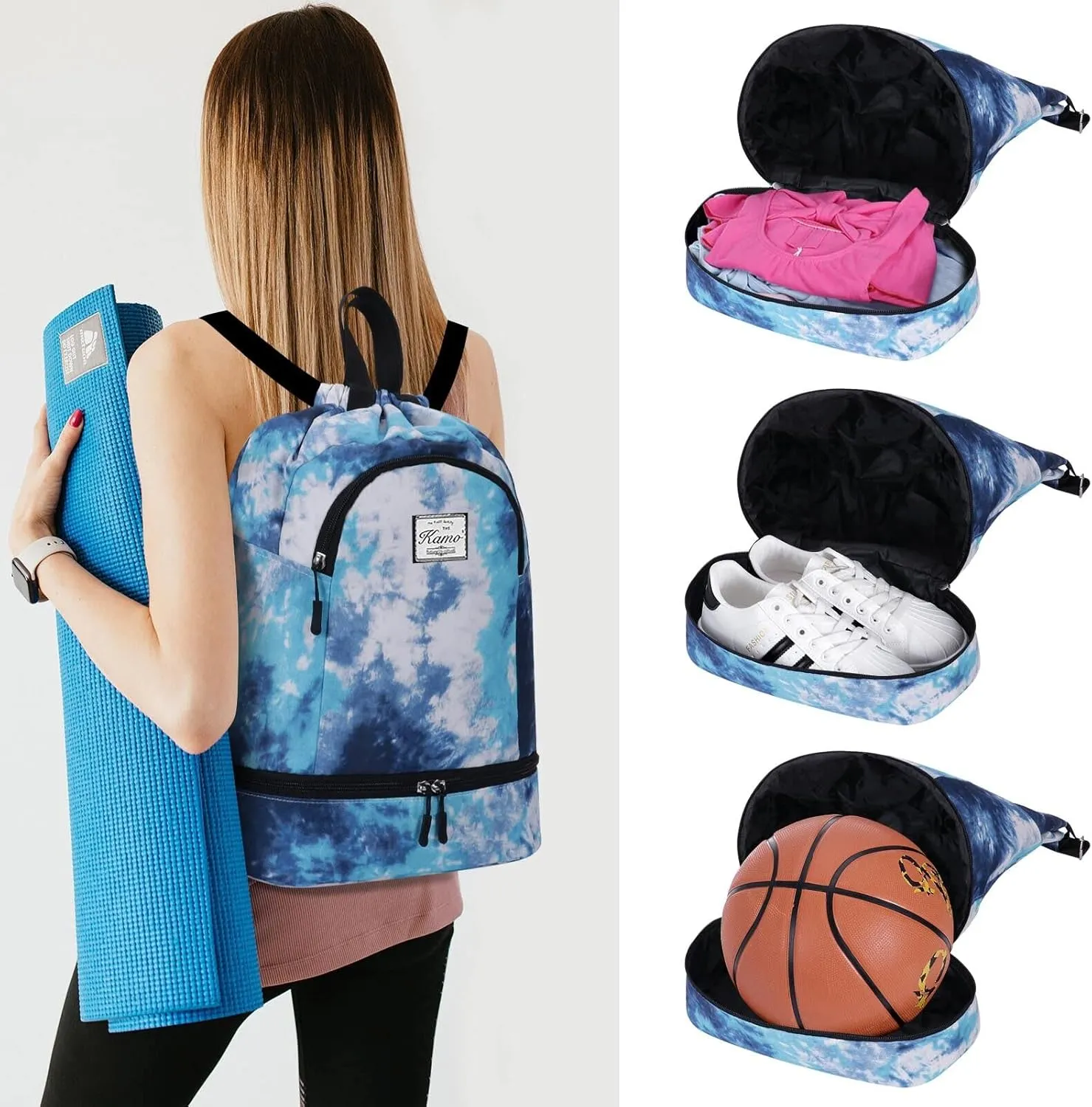 KAMO Drawstring Backpack Bag - Sport Swimming Yoga Backpack with Shoe Compartment, Two Water Bottle Holder for Men Women Large String Backpack Athletic Sackpack for Travel