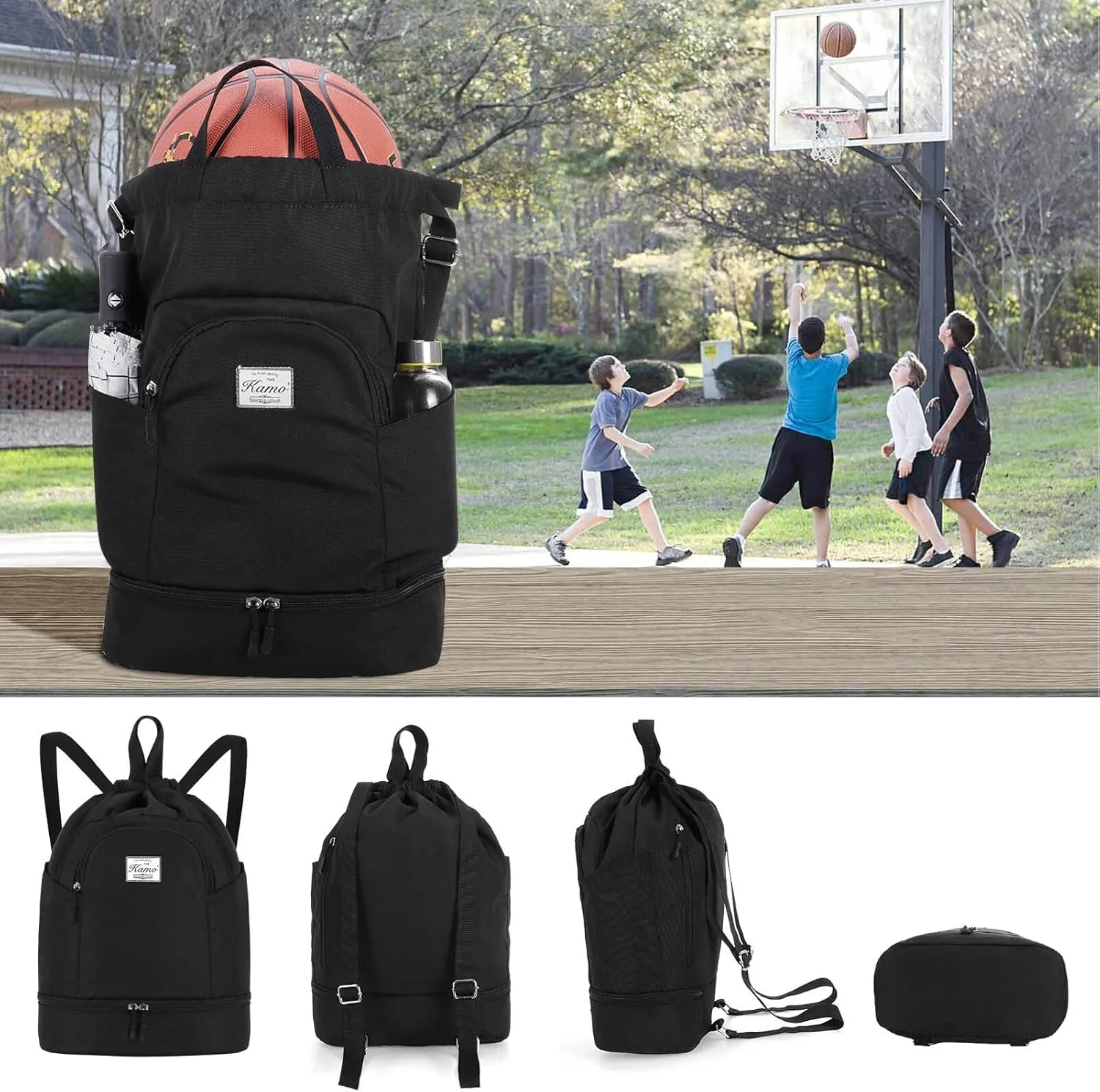 KAMO Drawstring Backpack Bag - Sport Swimming Yoga Backpack with Shoe Compartment, Two Water Bottle Holder for Men Women Large String Backpack Athletic Sackpack for Travel