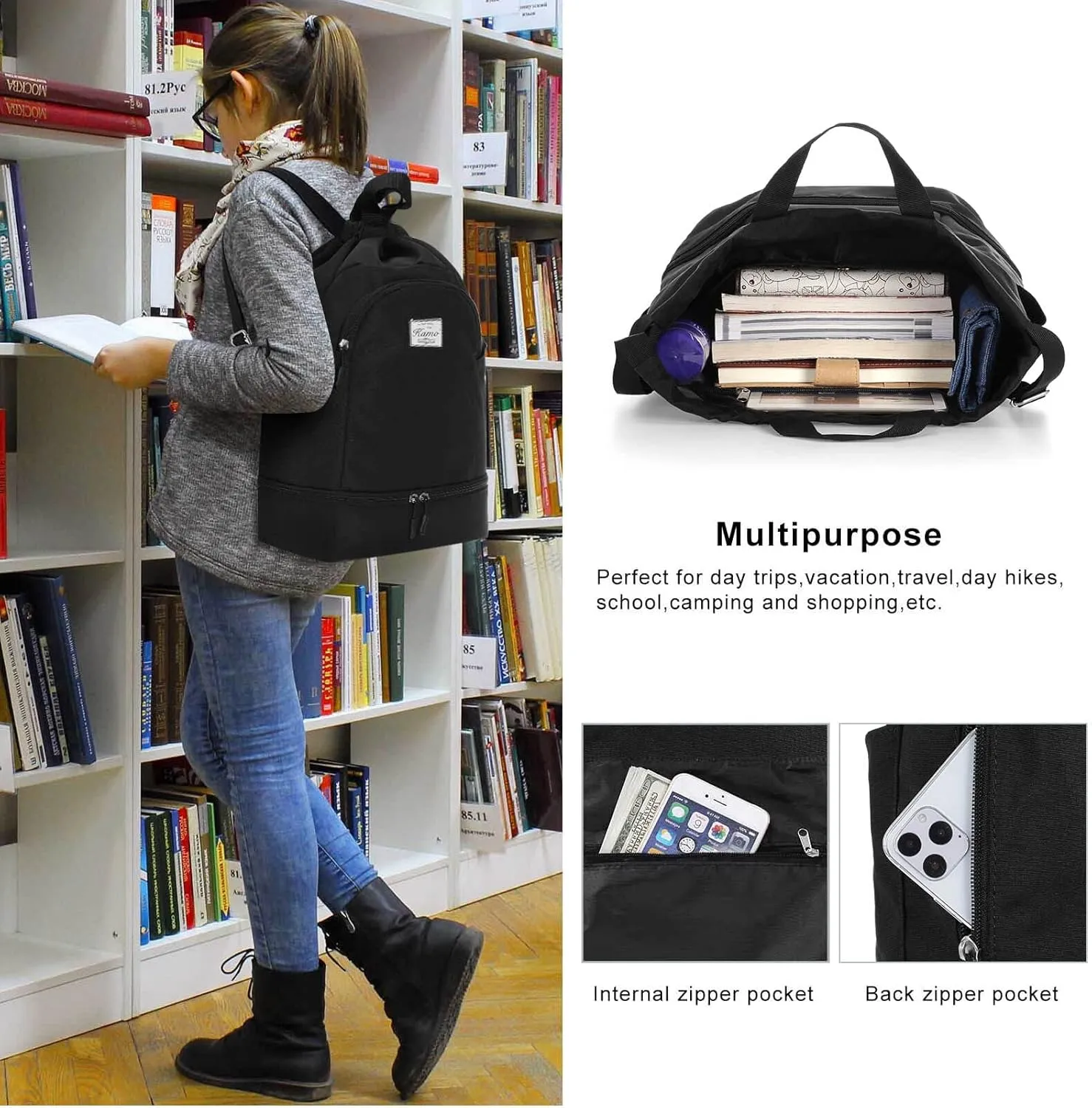 KAMO Drawstring Backpack Bag - Sport Swimming Yoga Backpack with Shoe Compartment, Two Water Bottle Holder for Men Women Large String Backpack Athletic Sackpack for Travel