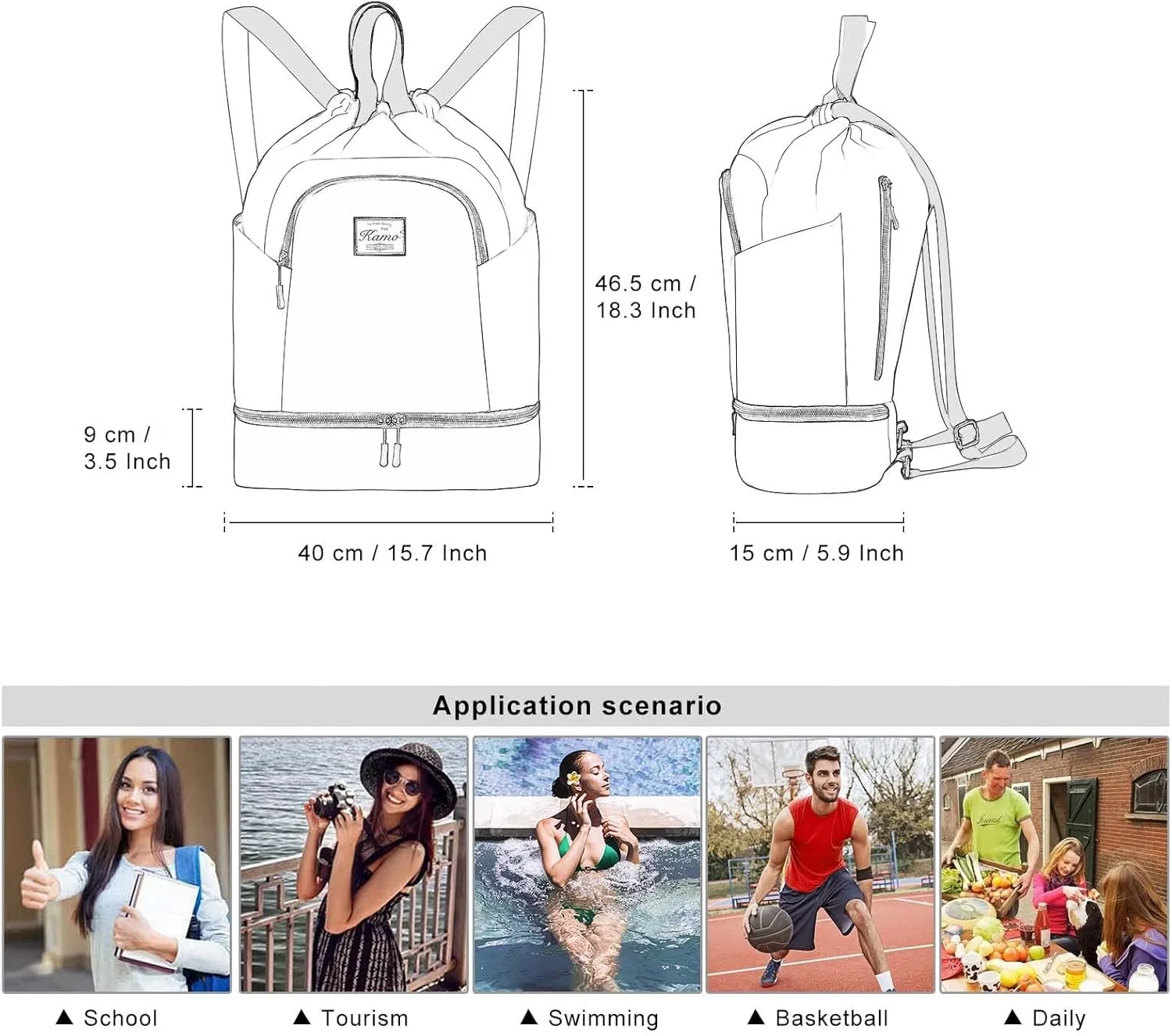 KAMO Drawstring Backpack Bag - Sport Swimming Yoga Backpack with Shoe Compartment, Two Water Bottle Holder for Men Women Large String Backpack Athletic Sackpack for Travel