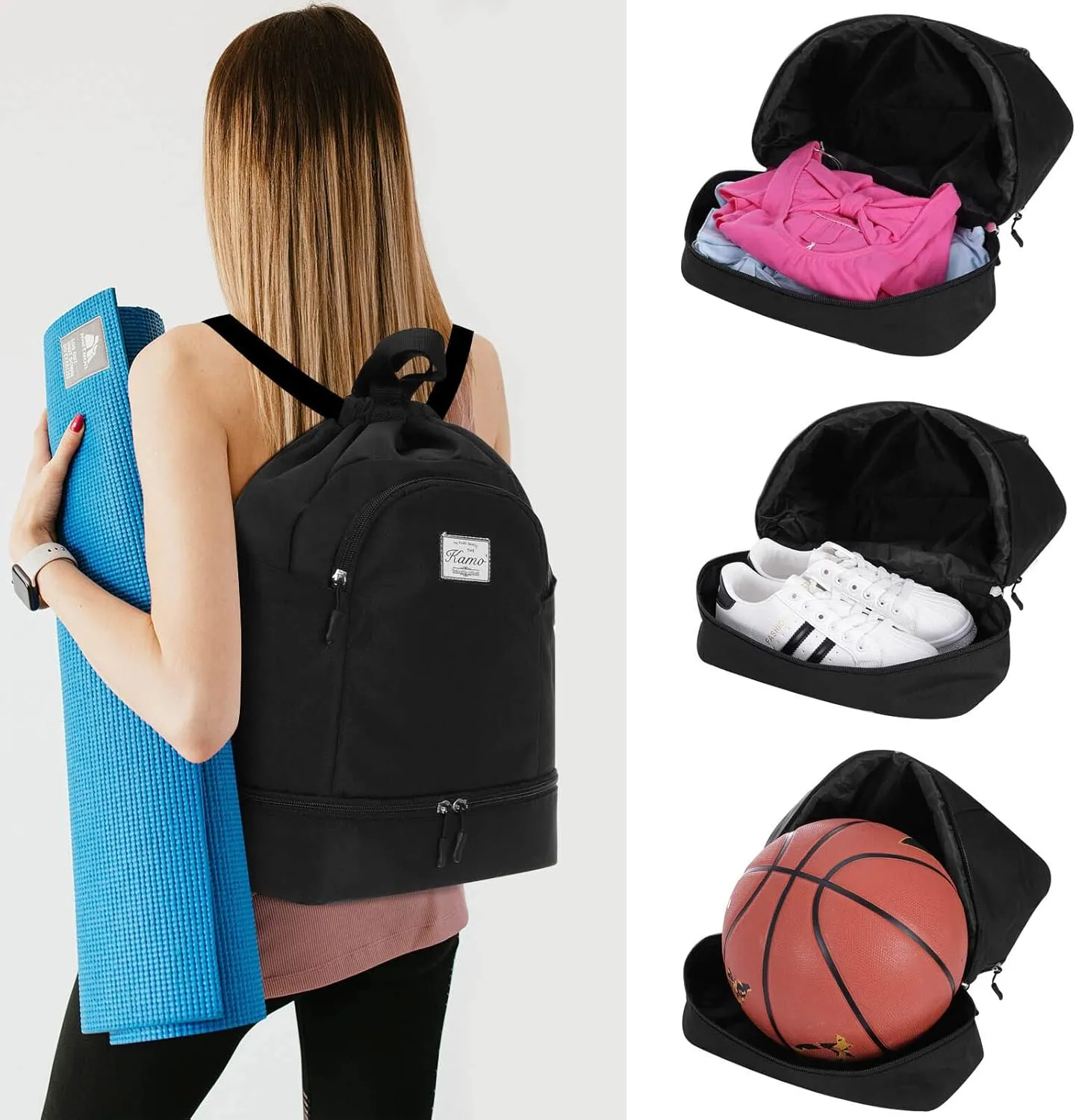 KAMO Drawstring Backpack Bag - Sport Swimming Yoga Backpack with Shoe Compartment, Two Water Bottle Holder for Men Women Large String Backpack Athletic Sackpack for Travel