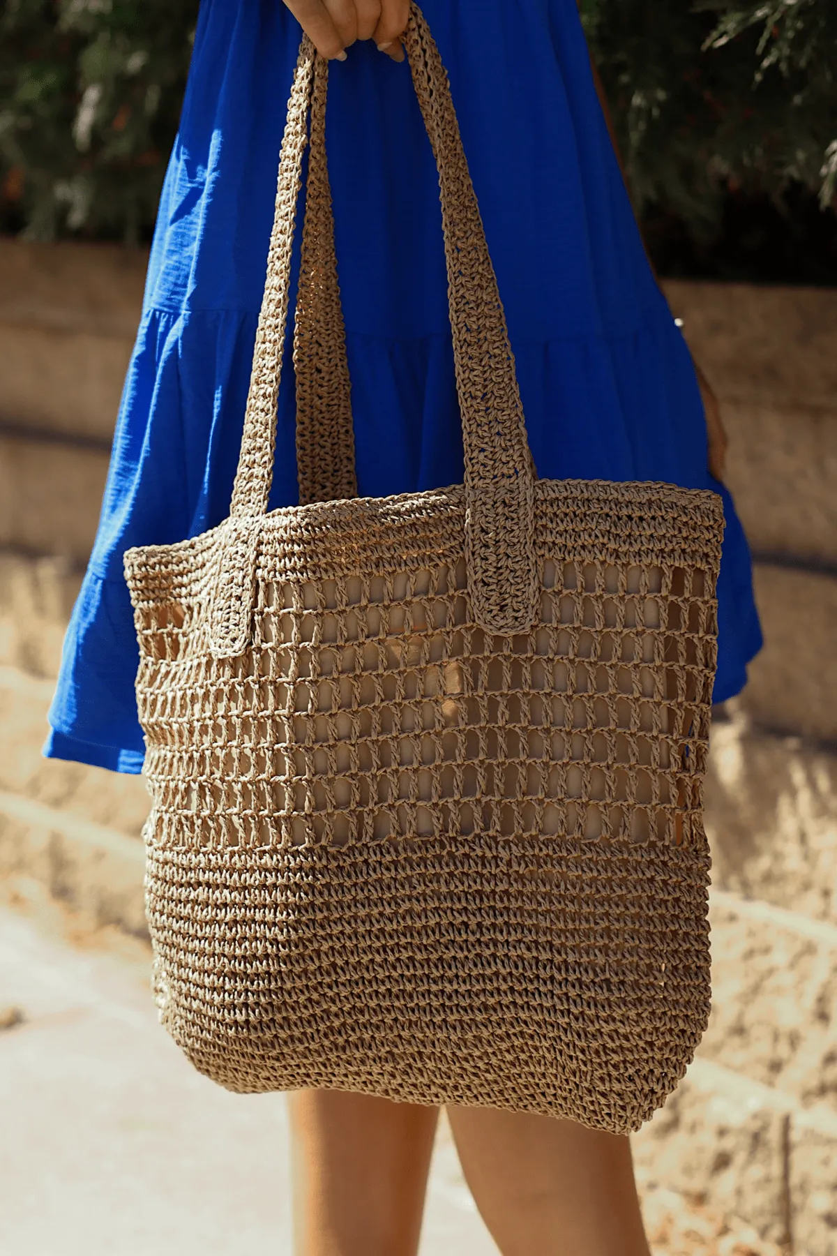 Khaki Straw Braided Hobo Tote Bag