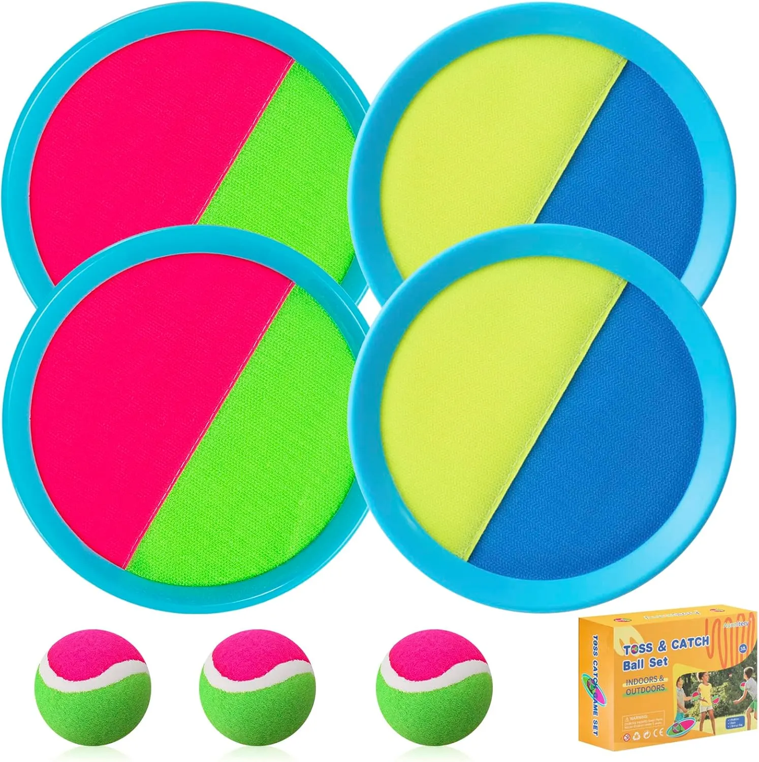 Kids Toys - Outdoor Games, Beach Toys, Toss and Ball Set with 4 Paddles and 3 Balls, Perfect Beach Games Sets Playground Sets for Backyards Easter Gifts for Kids/Adults/Family (Blue Light Yellow)