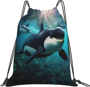 Killer Whales Swim Along print Casual drawstring backpack fitness bag, fashionable, fit for sports travel and daily use