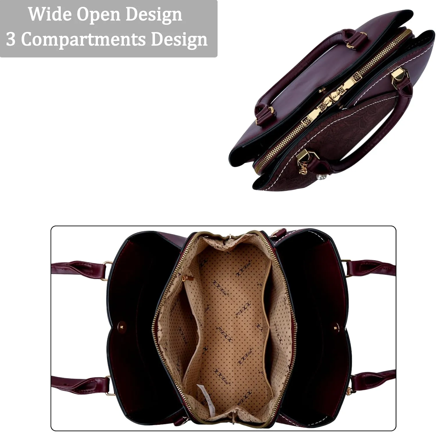 KKXIU Triple Compartments Purses and Handbags for Women Fashion Ladies Satchel Shoulder Top Handle Bag