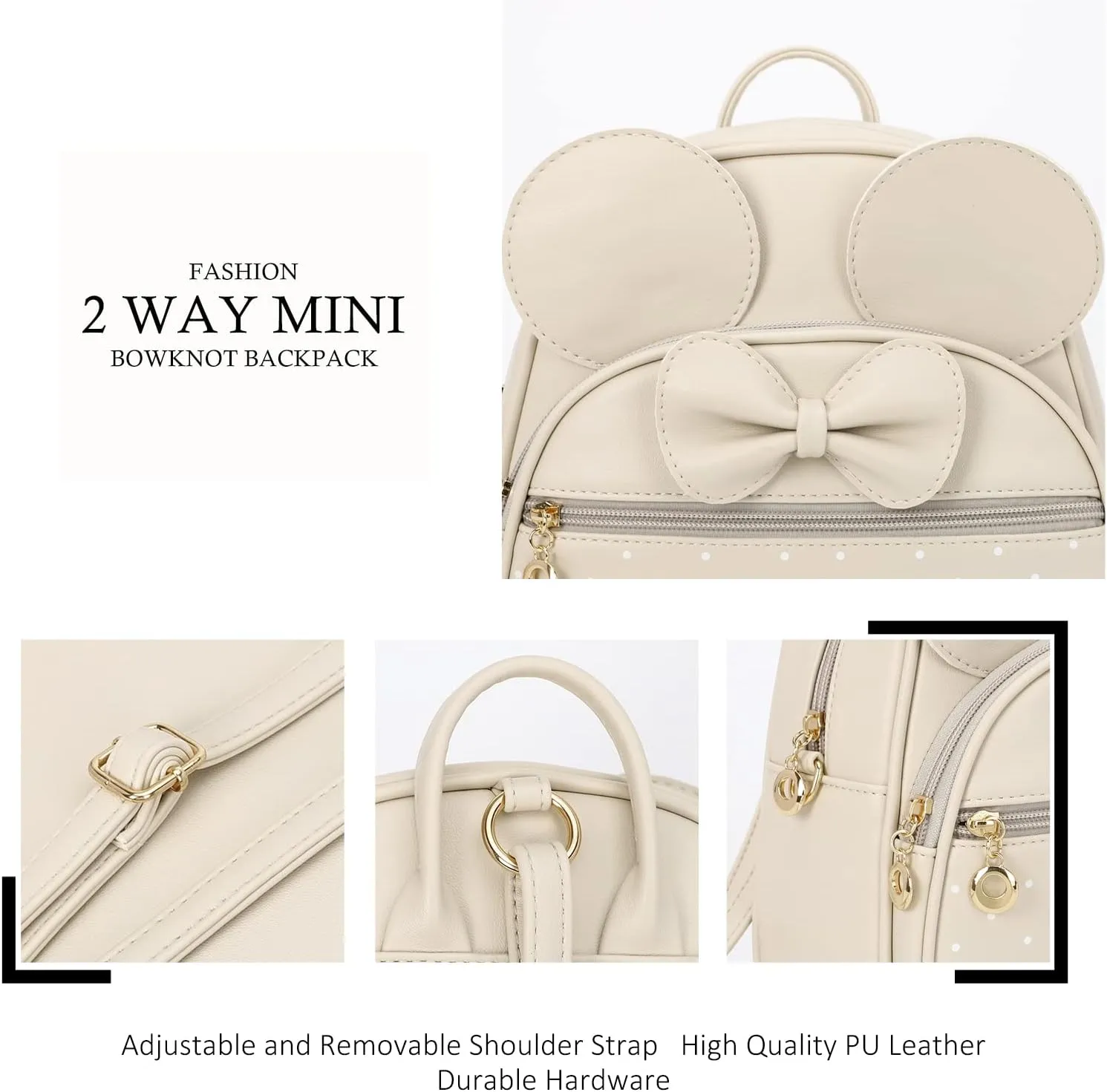 KL928 Girls Mini Backpack Bowknot Polka Dot Cute Daypacks Convertible Shoulder Bag Purse for Women (Beige)