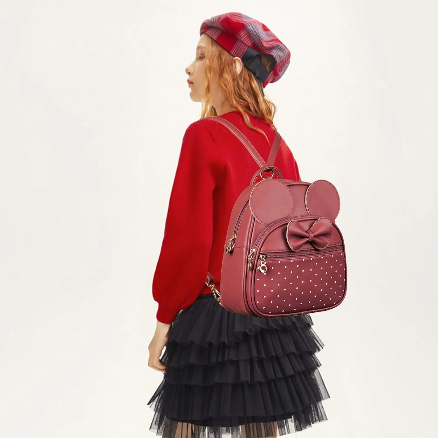 KL928 Girls Mini Backpack Bowknot Polka Dot Cute Daypacks Convertible Shoulder Bag Purse for Women (Red)