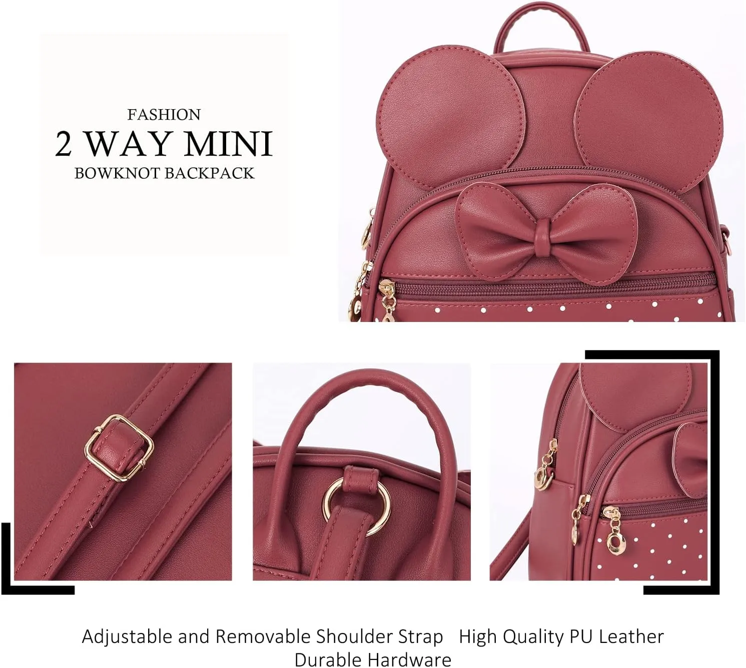 KL928 Girls Mini Backpack Bowknot Polka Dot Cute Daypacks Convertible Shoulder Bag Purse for Women (Red)