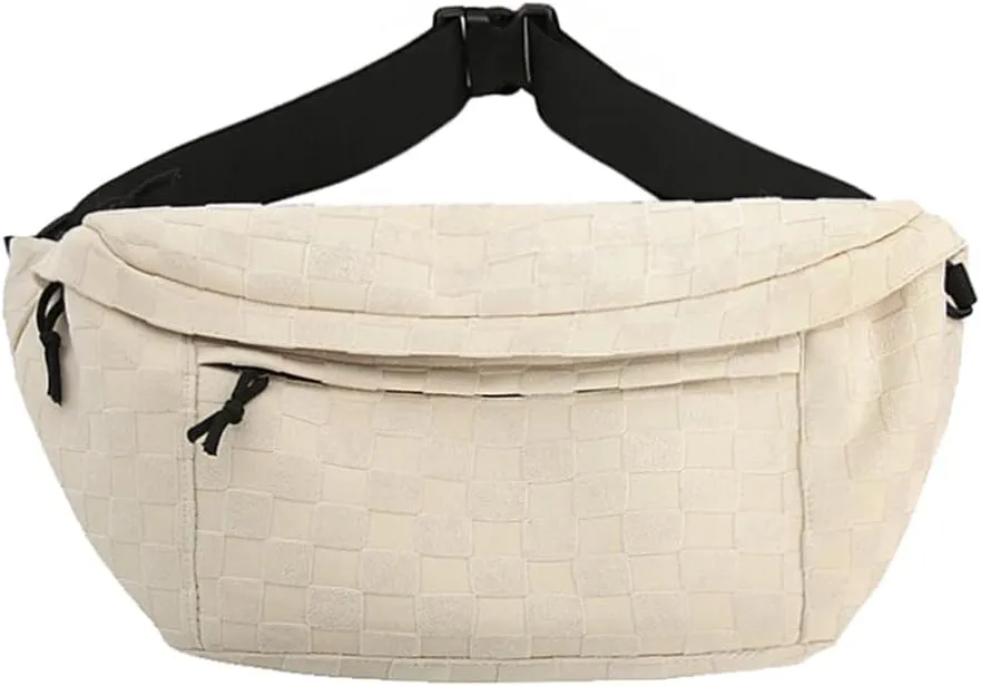 KlaOYer Checkered Fanny Pack for Women Travel Waist Pack Plaid Sling Bag Trendy Fashion Crossbody Purse Belt Chest Handbag (Beige)
