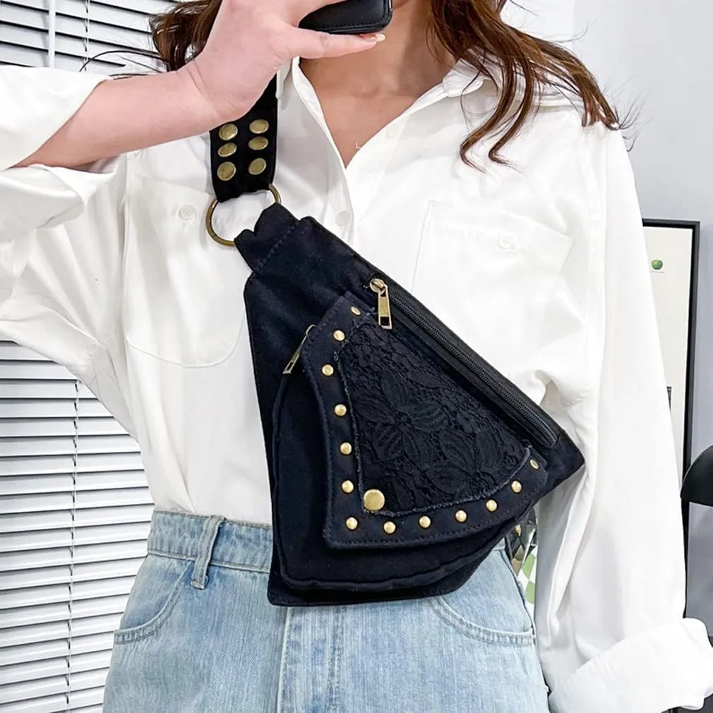 KPYWZER Cotton Waist Bag for Women Fanny Pack Renaissance Faire Festival Lace Utility Hip Belt Waist Bags Womens Travel Outdoors Black