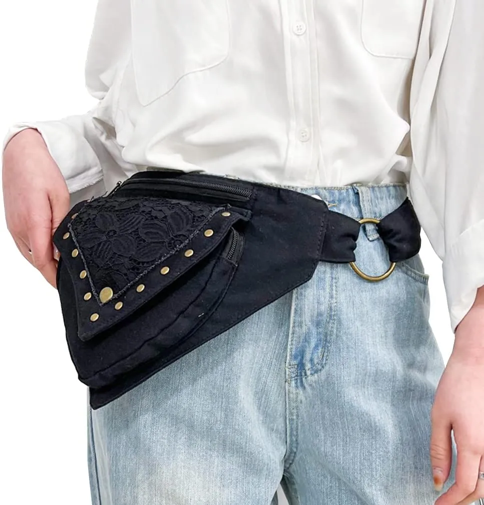 KPYWZER Cotton Waist Bag for Women Fanny Pack Renaissance Faire Festival Lace Utility Hip Belt Waist Bags Womens Travel Outdoors Black