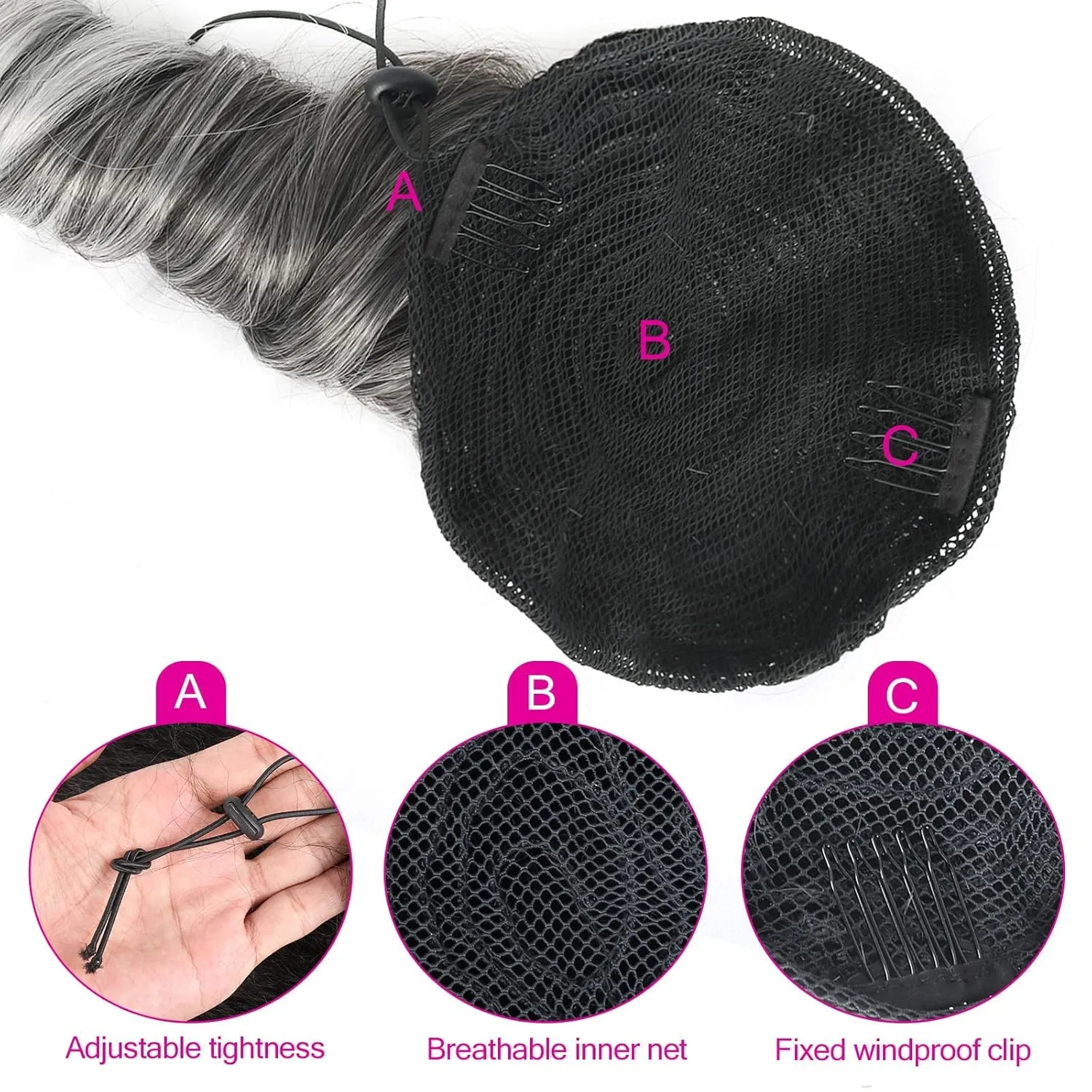 KRSI Salt & Pepper Ponytail Extension - Drawstring Ponytail Clip In for Black Women, Silver Gray, 14 inch