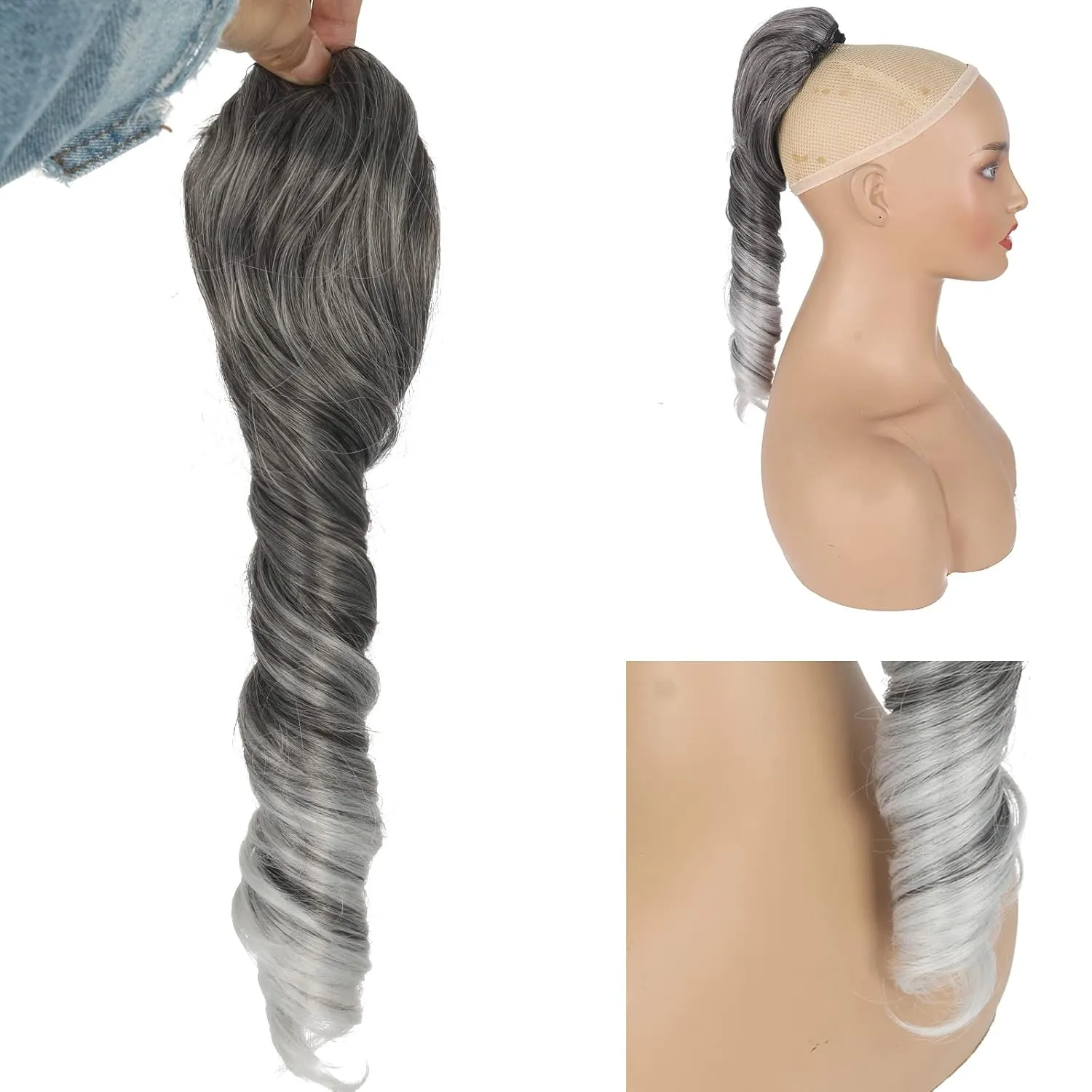 KRSI Salt & Pepper Ponytail Extension - Drawstring Ponytail Clip In for Black Women, Silver Gray, 14 inch
