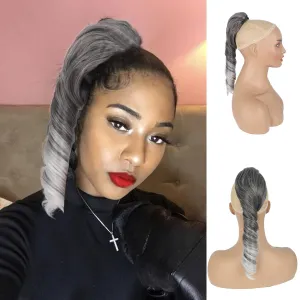 KRSI Salt & Pepper Ponytail Extension - Drawstring Ponytail Clip In for Black Women, Silver Gray, 14 inch