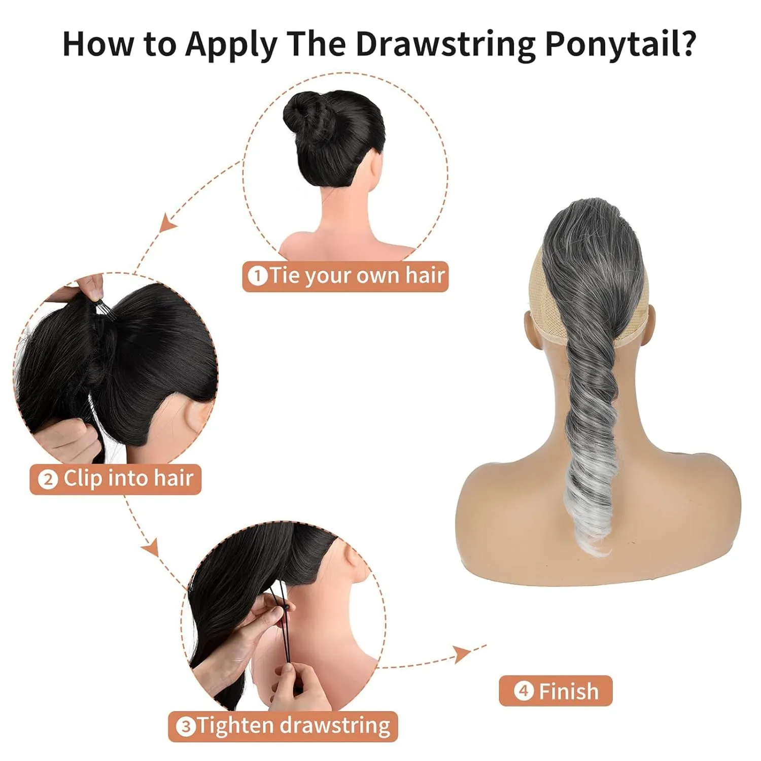 KRSI Salt & Pepper Ponytail Extension - Drawstring Ponytail Clip In for Black Women, Silver Gray, 14 inch