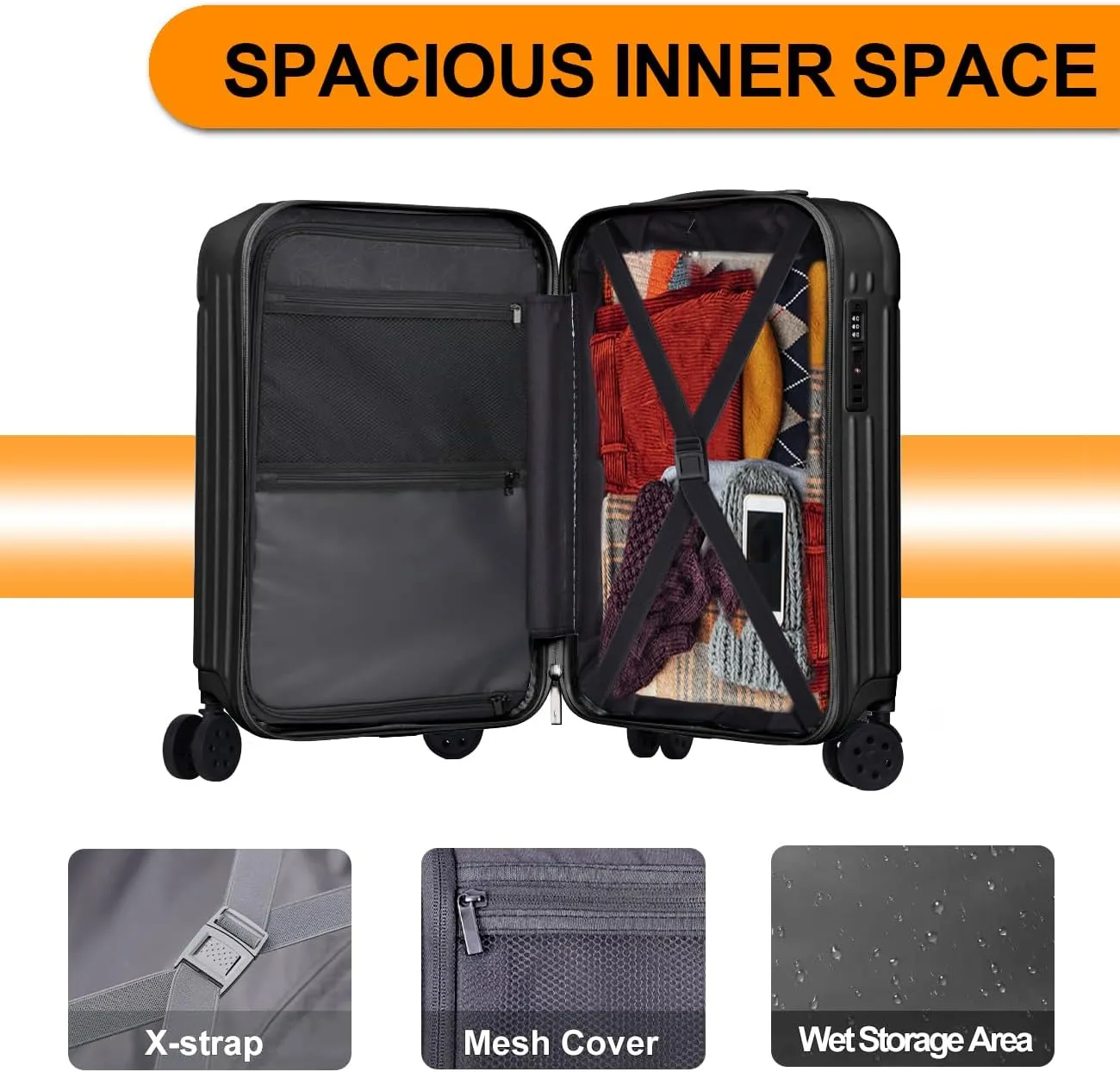 Krute Carry on Luggage PC ABS Suitcases with Double Spinner Wheels 22x14x9 Airline Approved Luggage with TSA Lock 20 Inch (Black)
