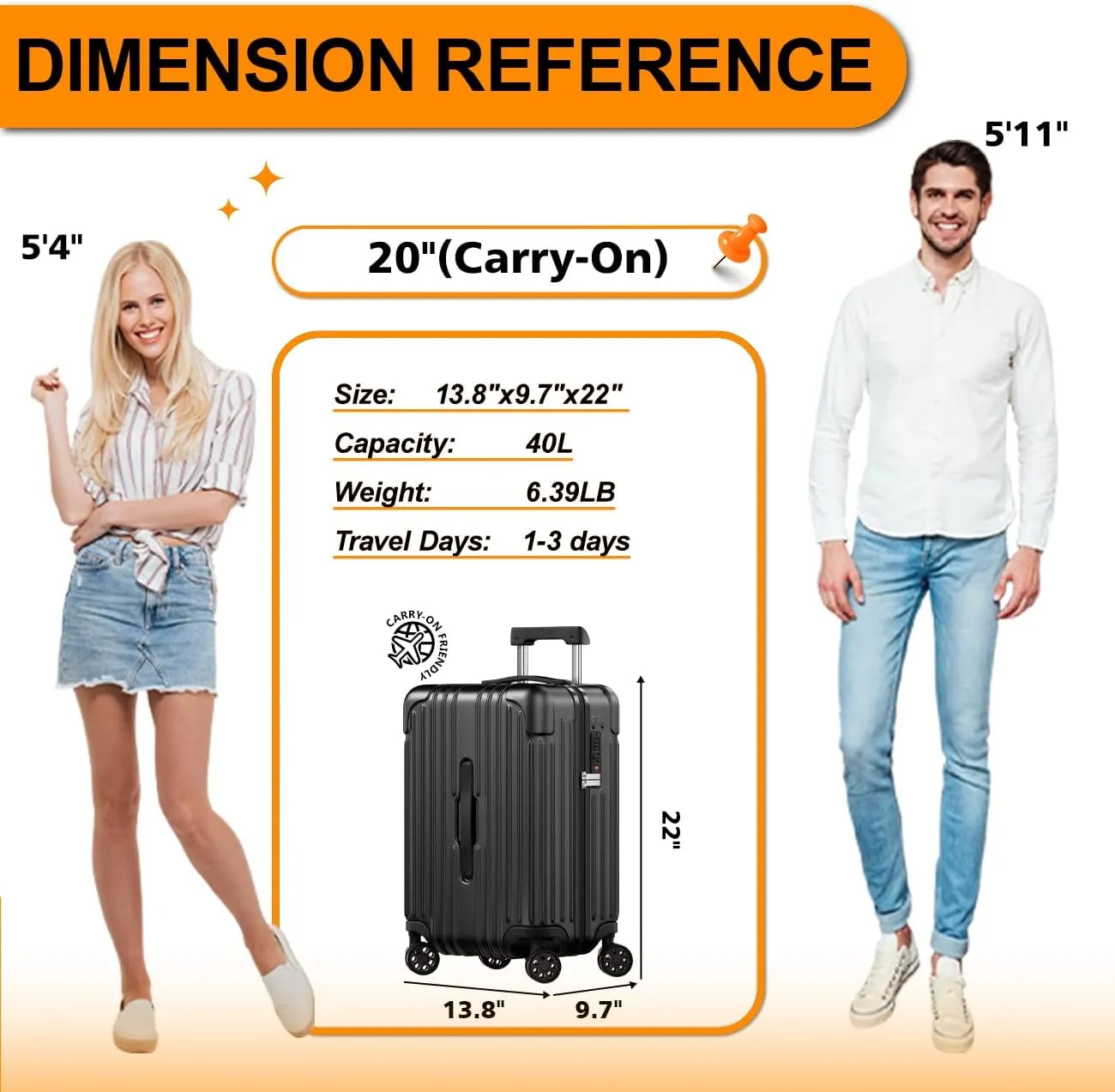Krute Carry on Luggage PC ABS Suitcases with Double Spinner Wheels 22x14x9 Airline Approved Luggage with TSA Lock 20 Inch (Black)