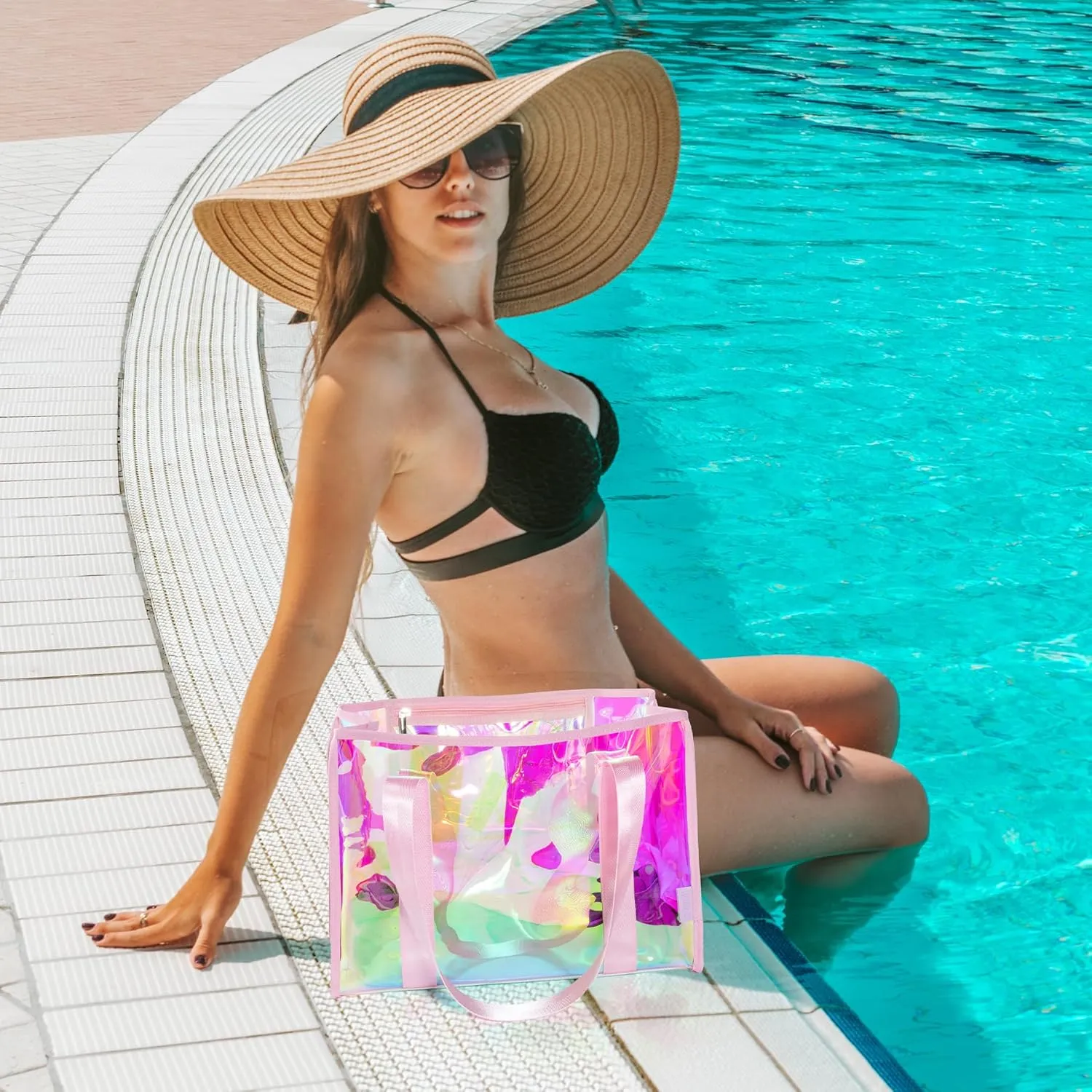 KUAK Large Beach Bag for Women Waterproof Sandproof Tip-Proof Beach Tote Iridescent Bag with Waterproof Pocket for Pool