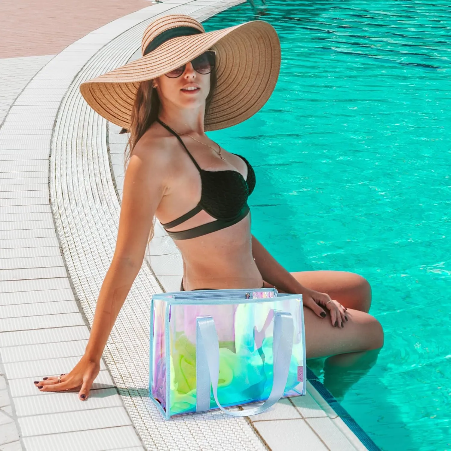 KUAK Large Beach Bag for Women Waterproof Sandproof Tip-Proof Beach Tote Iridescent Bag with Waterproof Pocket for Pool