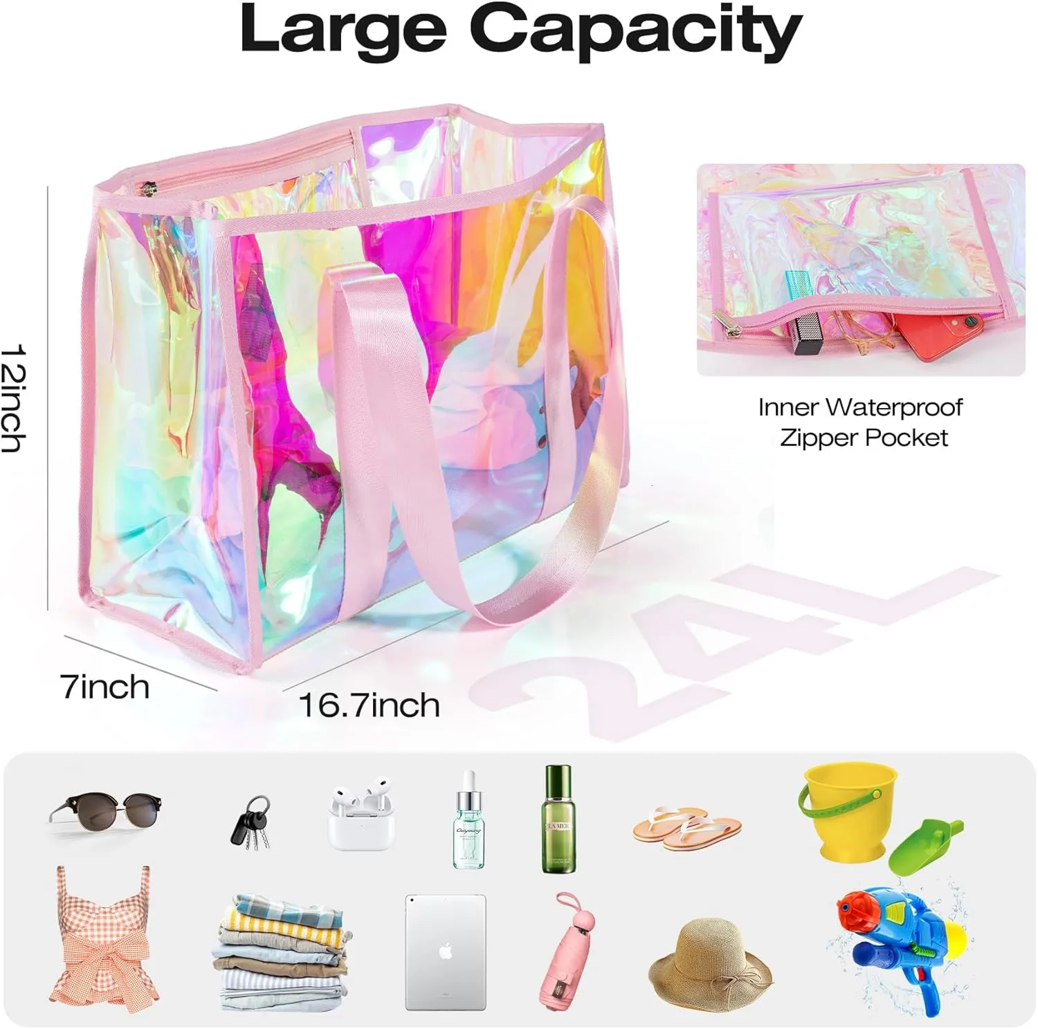 KUAK Large Beach Bag for Women Waterproof Sandproof Tip-Proof Beach Tote Iridescent Bag with Waterproof Pocket for Pool