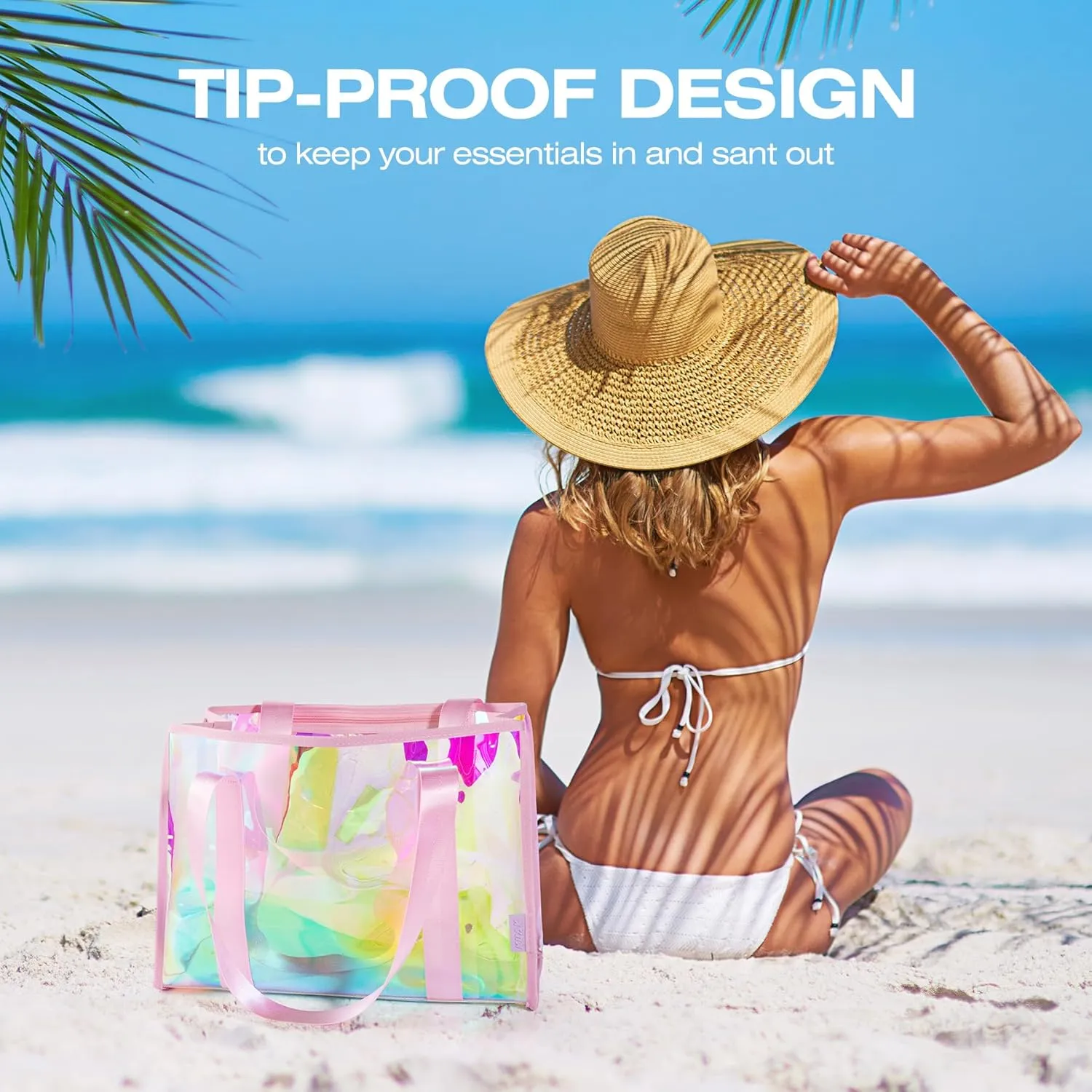KUAK Large Beach Bag for Women Waterproof Sandproof Tip-Proof Beach Tote Iridescent Bag with Waterproof Pocket for Pool