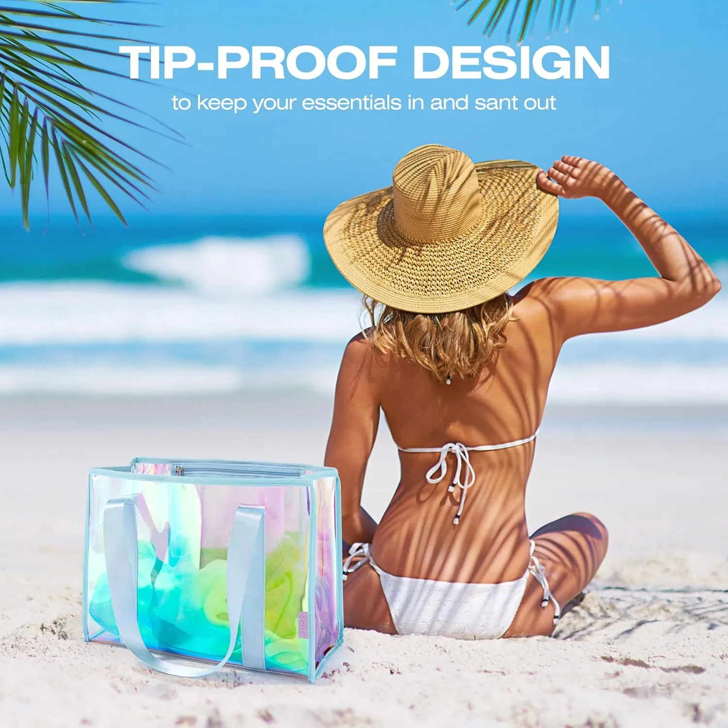 KUAK Large Beach Bag for Women Waterproof Sandproof Tip-Proof Beach Tote Iridescent Bag with Waterproof Pocket for Pool