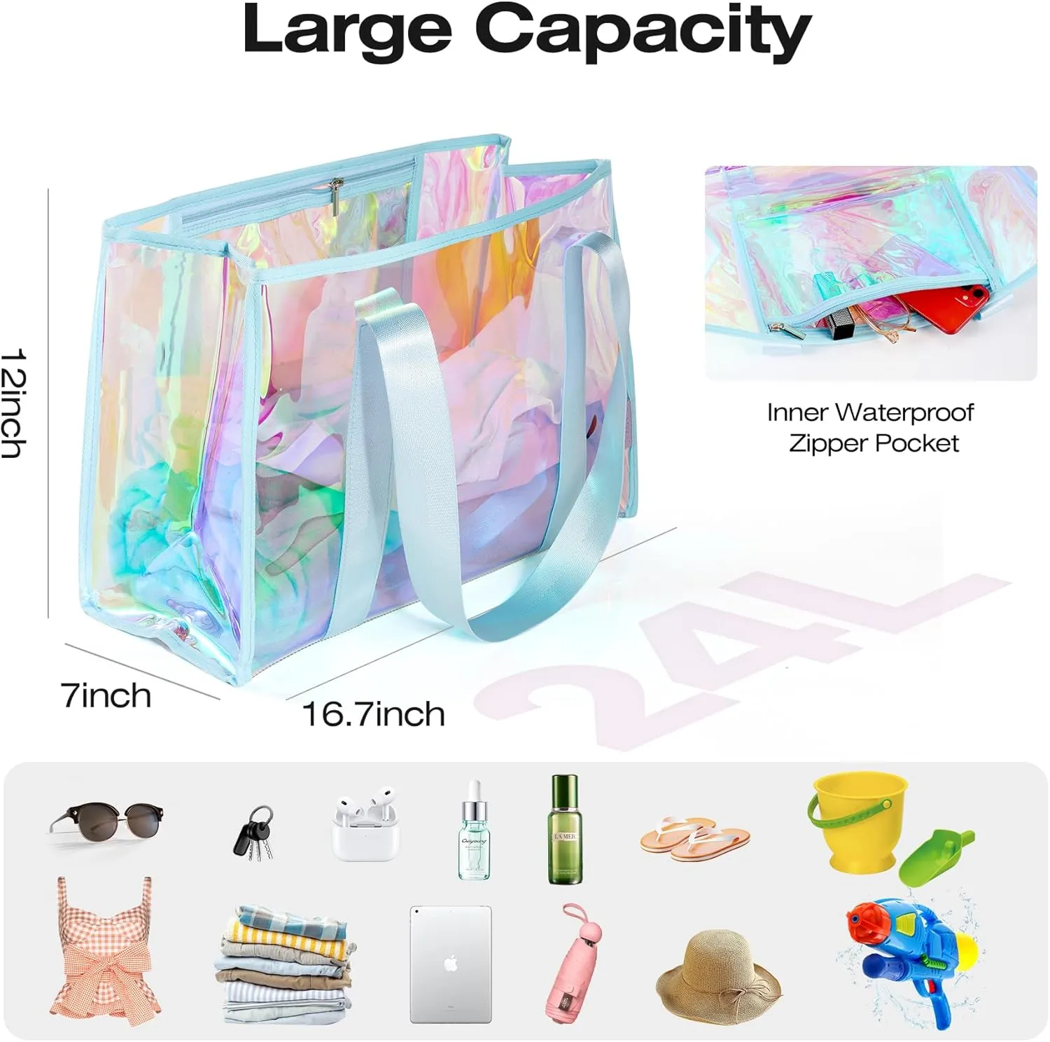 KUAK Large Beach Bag for Women Waterproof Sandproof Tip-Proof Beach Tote Iridescent Bag with Waterproof Pocket for Pool