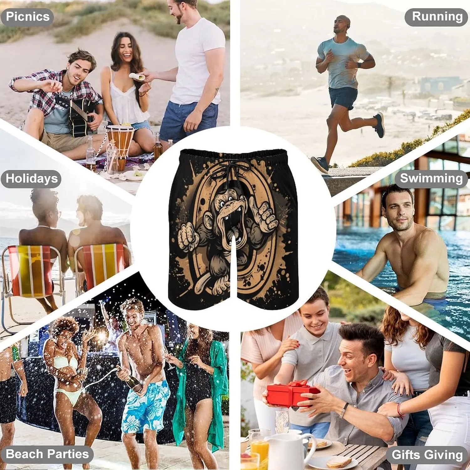 Kung Fu Apes Chimpanzee Monkey Mens Swim Trunks Beach Shorts Quick Dry Bathing Suits and Mesh Lining