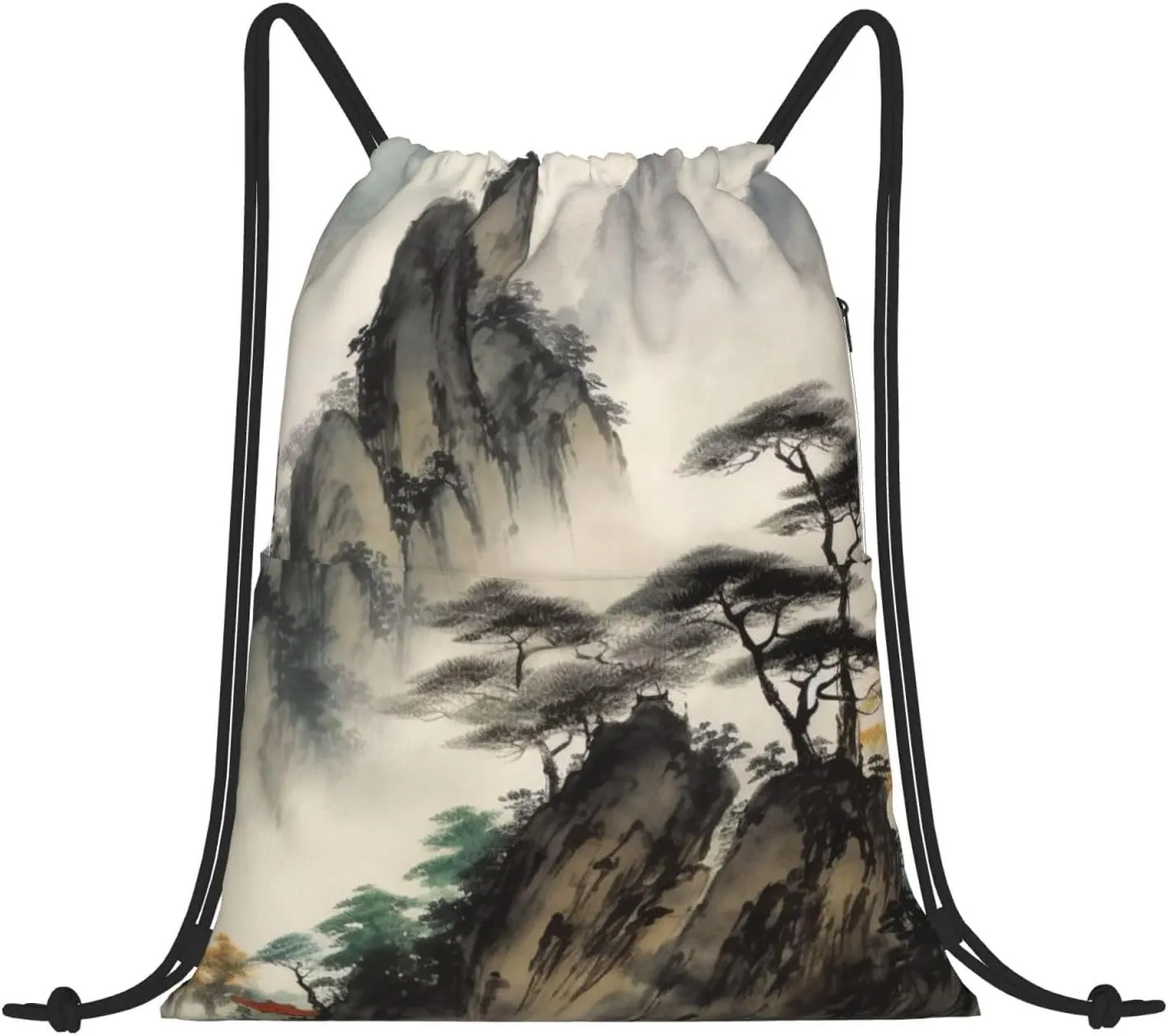 Kururi Chinese Landscape Painting Print Drawstring Backpack Water Resistant String Bag Sackpack Cinch For Sports Camping Traveling