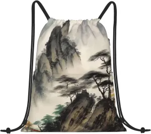Kururi Chinese Landscape Painting Print Drawstring Backpack Water Resistant String Bag Sackpack Cinch For Sports Camping Traveling