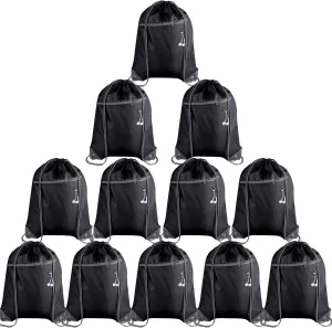 KUUQA 12Pcs Drawstring Backpack Bags Bulk with Zipper Pocket and Headphone Hole（Black）