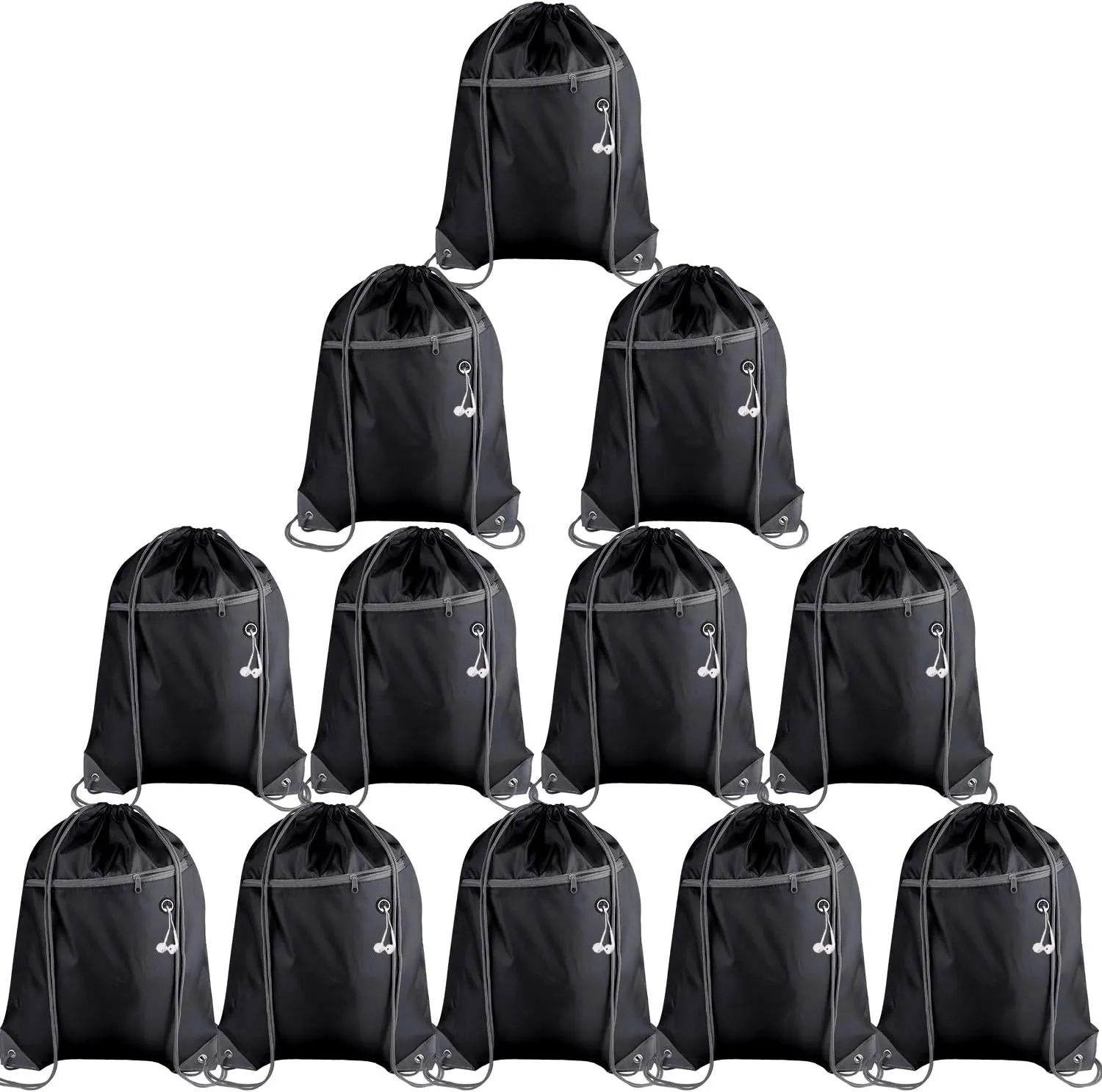 KUUQA 12Pcs Drawstring Backpack Bags Bulk with Zipper Pocket and Headphone Hole（Black）