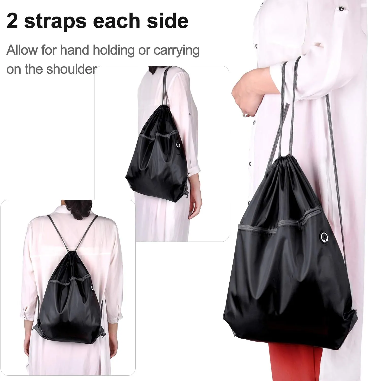 KUUQA 12Pcs Drawstring Backpack Bags Bulk with Zipper Pocket and Headphone Hole（Black）