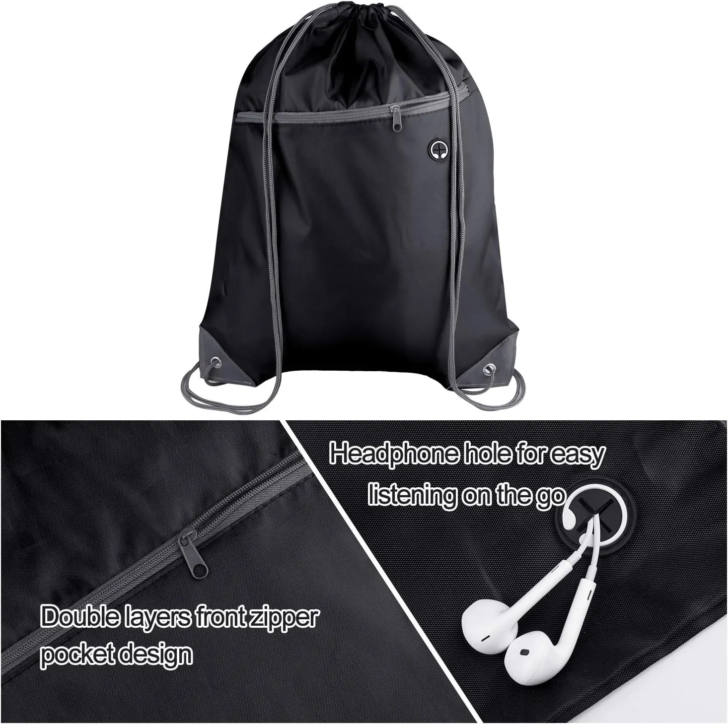 KUUQA 12Pcs Drawstring Backpack Bags Bulk with Zipper Pocket and Headphone Hole（Black）