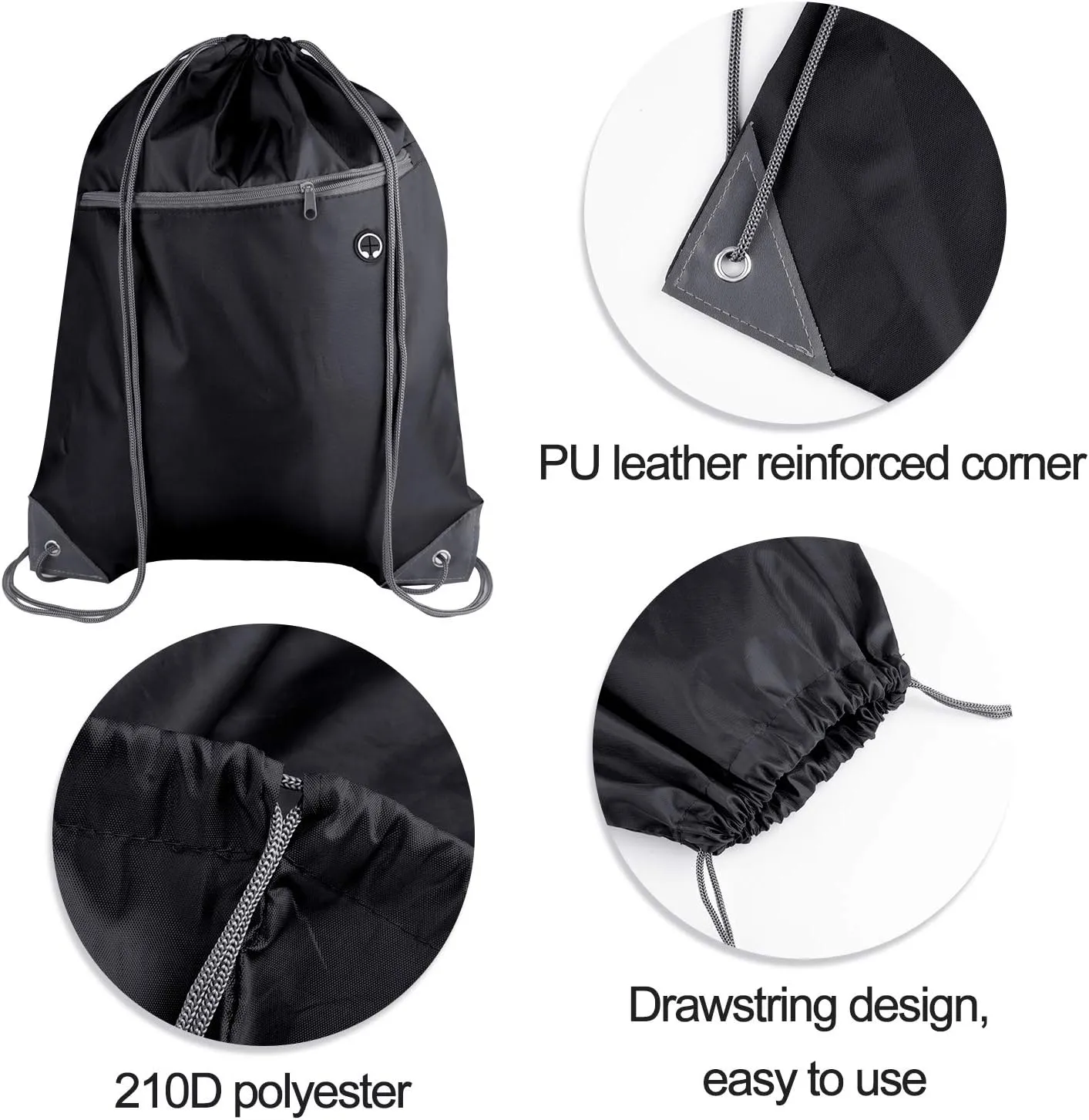 KUUQA 12Pcs Drawstring Backpack Bags Bulk with Zipper Pocket and Headphone Hole（Black）