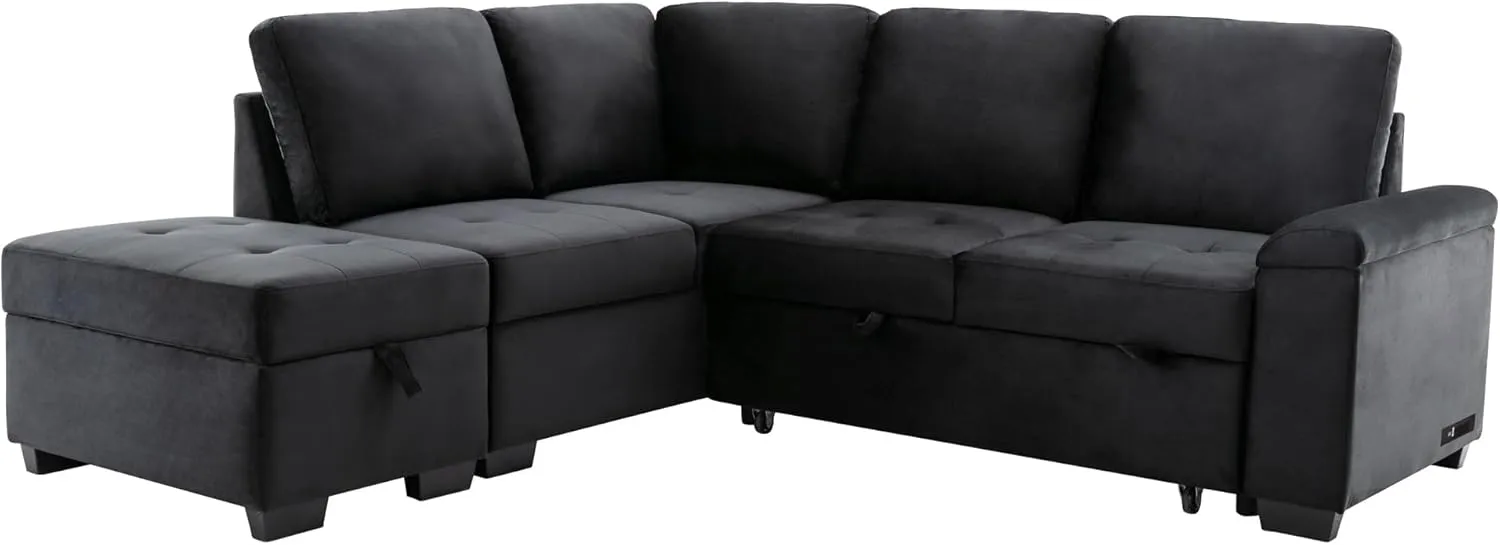 L-Shape Sleeper Sectional Sofa Bed with Storage Ottoman & Hidden Arm Storage, 85Inch Sectional Corner Couch Sofa-Bed for Living Room Apartment
