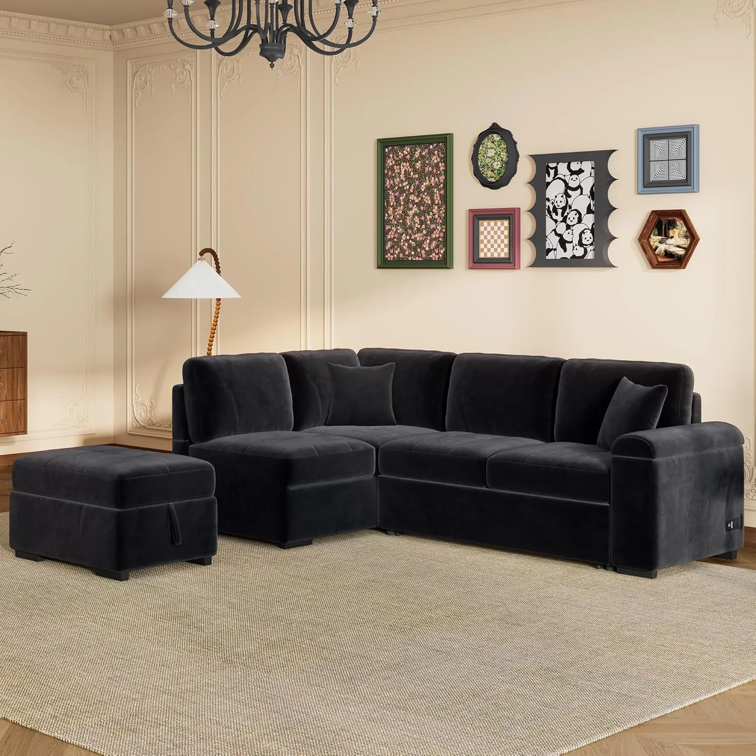 L-Shape Sleeper Sectional Sofa Bed with Storage Ottoman & Hidden Arm Storage, 85Inch Sectional Corner Couch Sofa-Bed for Living Room Apartment
