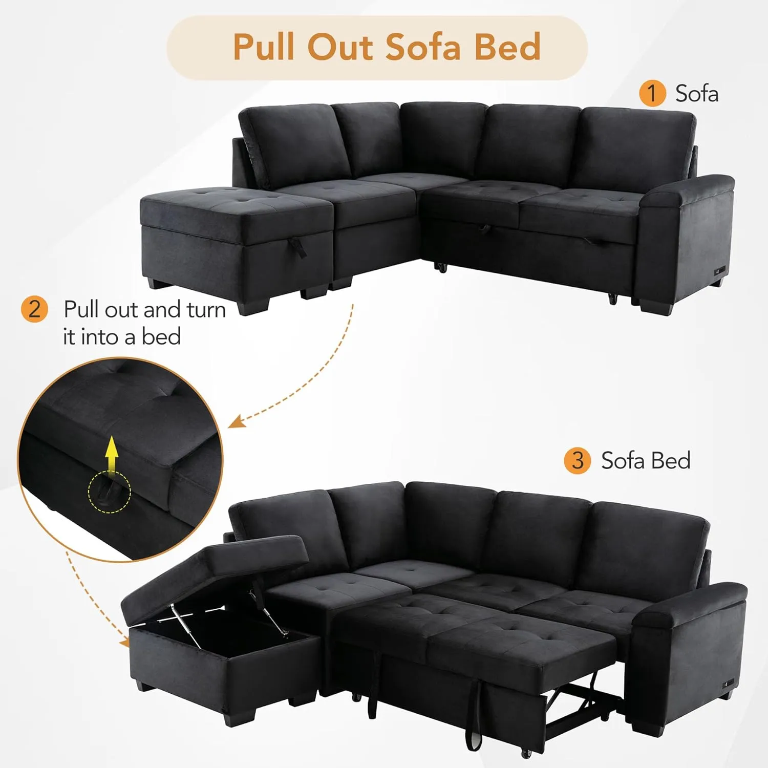 L-Shape Sleeper Sectional Sofa Bed with Storage Ottoman & Hidden Arm Storage, 85Inch Sectional Corner Couch Sofa-Bed for Living Room Apartment