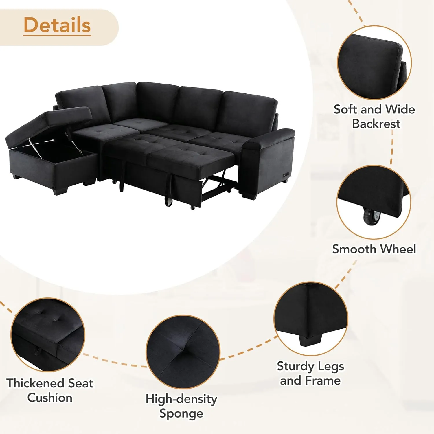 L-Shape Sleeper Sectional Sofa Bed with Storage Ottoman & Hidden Arm Storage, 85Inch Sectional Corner Couch Sofa-Bed for Living Room Apartment