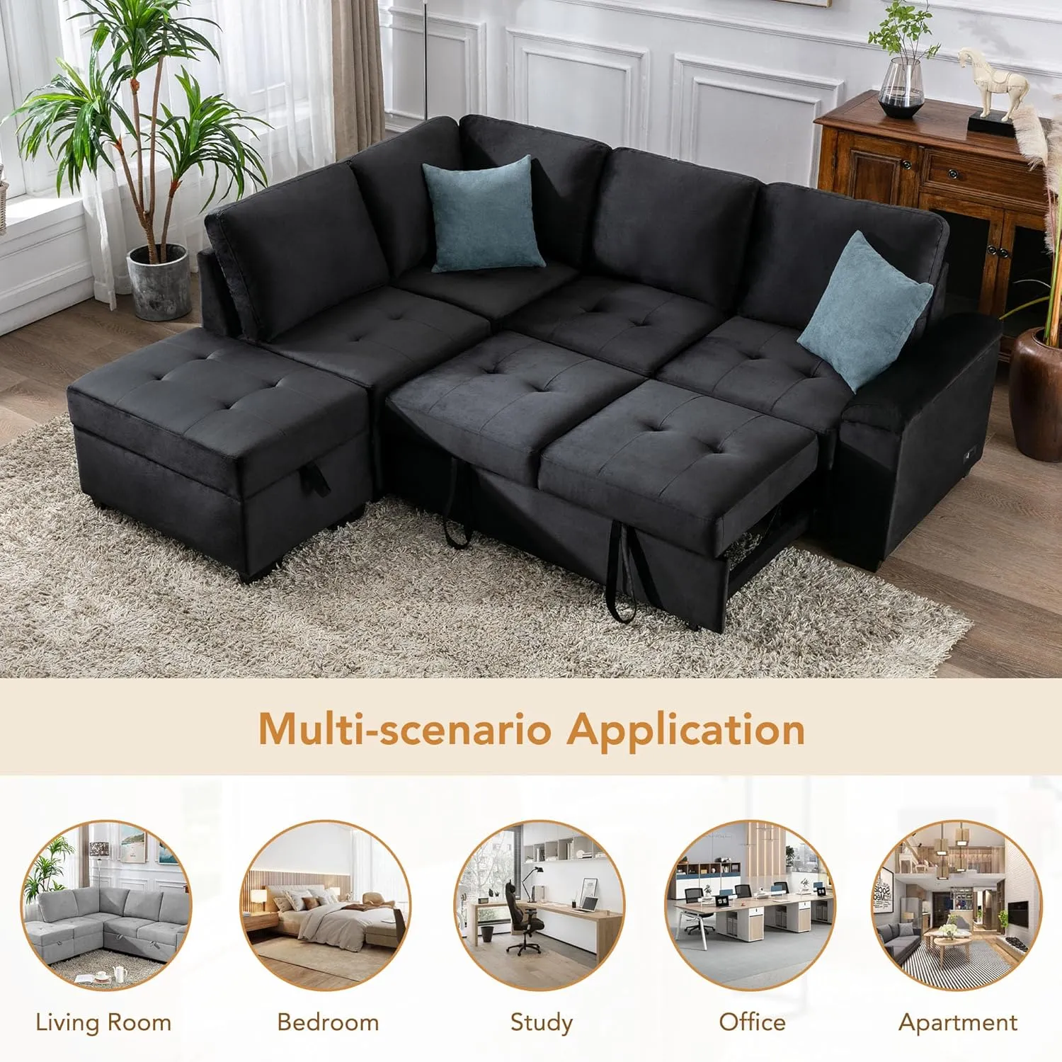 L-Shape Sleeper Sectional Sofa Bed with Storage Ottoman & Hidden Arm Storage, 85Inch Sectional Corner Couch Sofa-Bed for Living Room Apartment