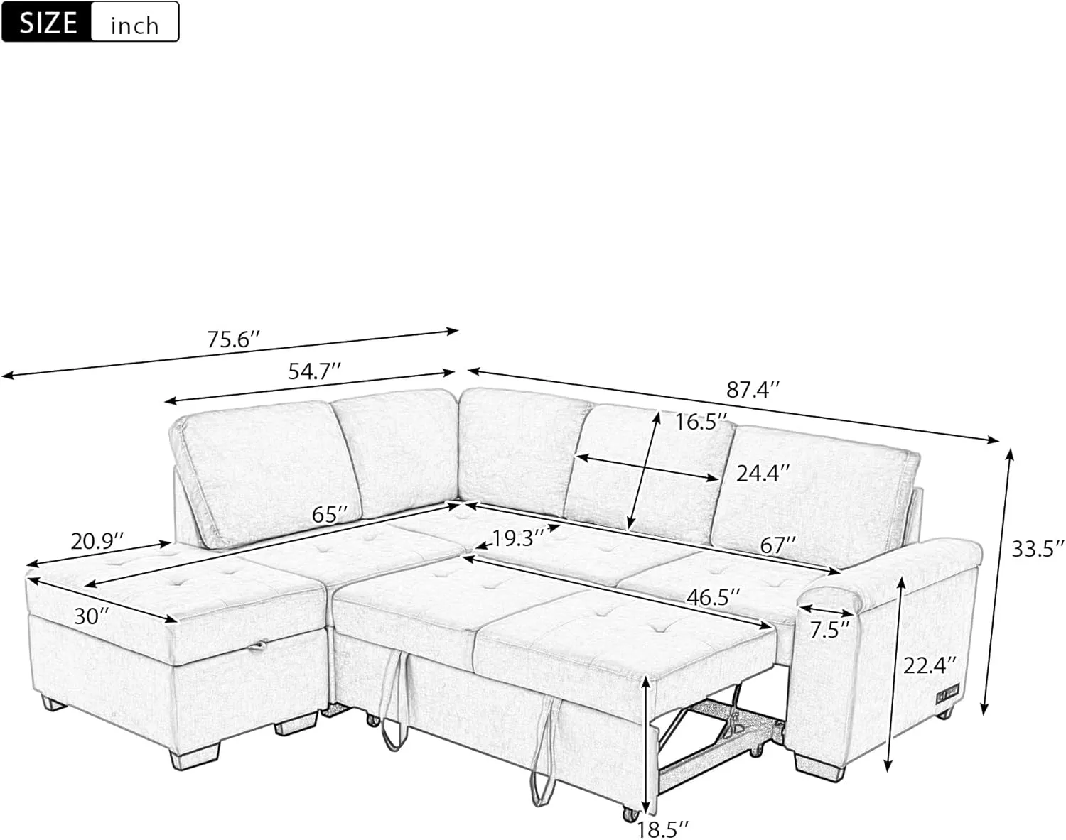 L-Shape Sleeper Sectional Sofa Bed with Storage Ottoman & Hidden Arm Storage, 85Inch Sectional Corner Couch Sofa-Bed for Living Room Apartment