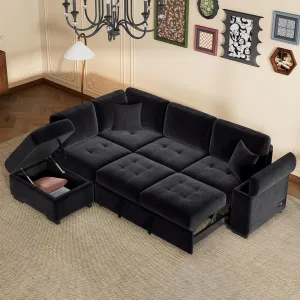 L-Shape Sleeper Sectional Sofa Bed with Storage Ottoman & Hidden Arm Storage, 85Inch Sectional Corner Couch Sofa-Bed for Living Room Apartment