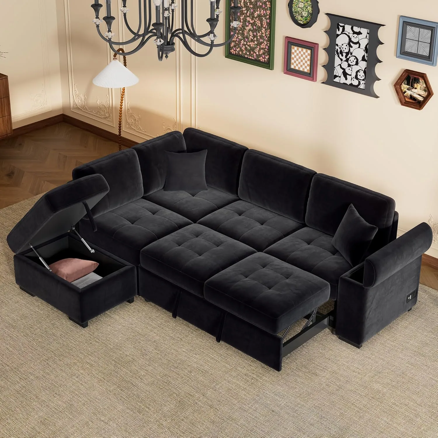 L-Shape Sleeper Sectional Sofa Bed with Storage Ottoman & Hidden Arm Storage, 85Inch Sectional Corner Couch Sofa-Bed for Living Room Apartment