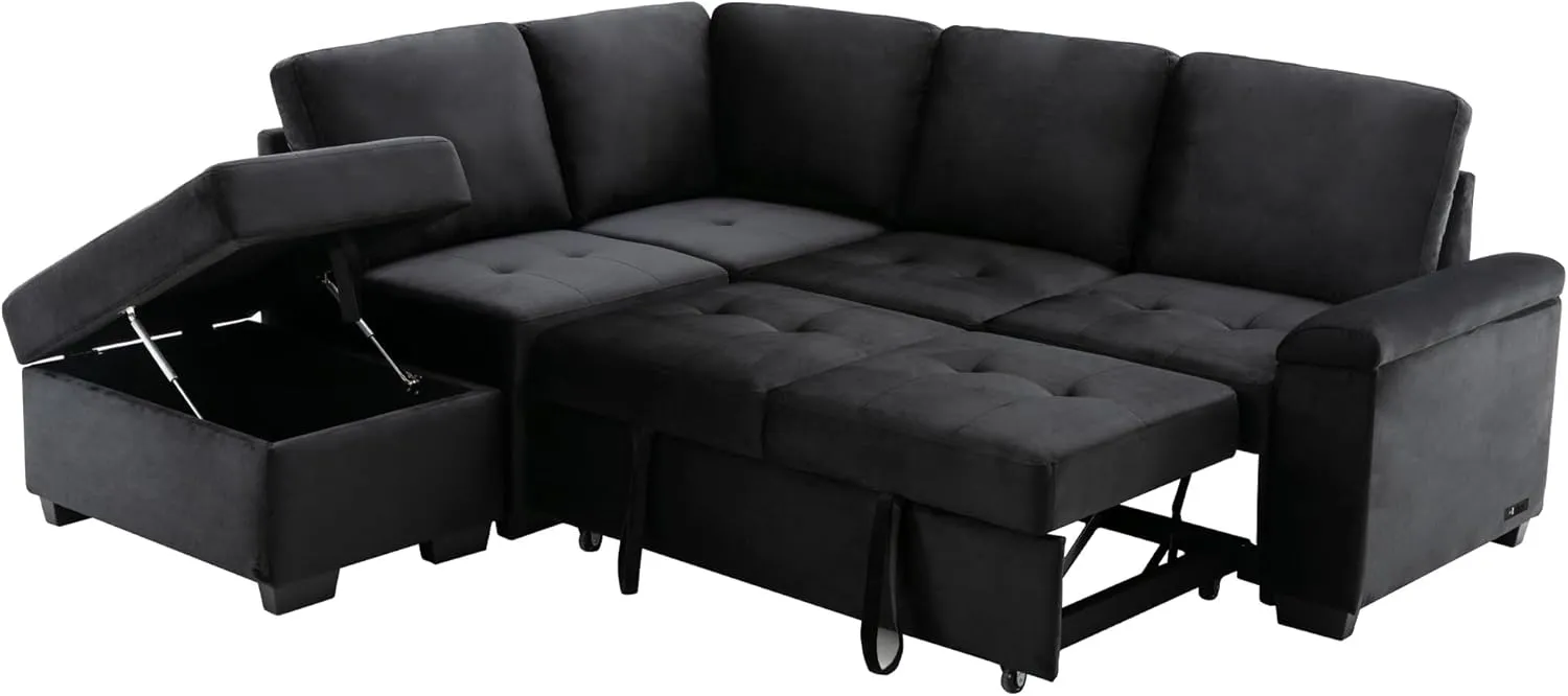 L-Shape Sleeper Sectional Sofa Bed with Storage Ottoman & Hidden Arm Storage, 85Inch Sectional Corner Couch Sofa-Bed for Living Room Apartment