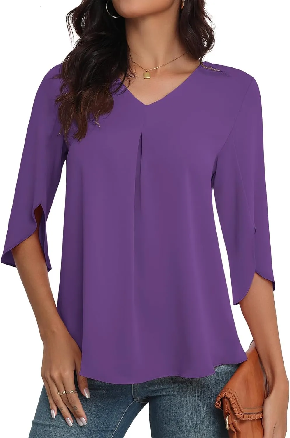 LAOLASI Womens Summer Chiffon Blouses 3/4 Sleeve V Neck Casual Loose Work Tops for Leggings 2025 Flowy Dressy Tshirts