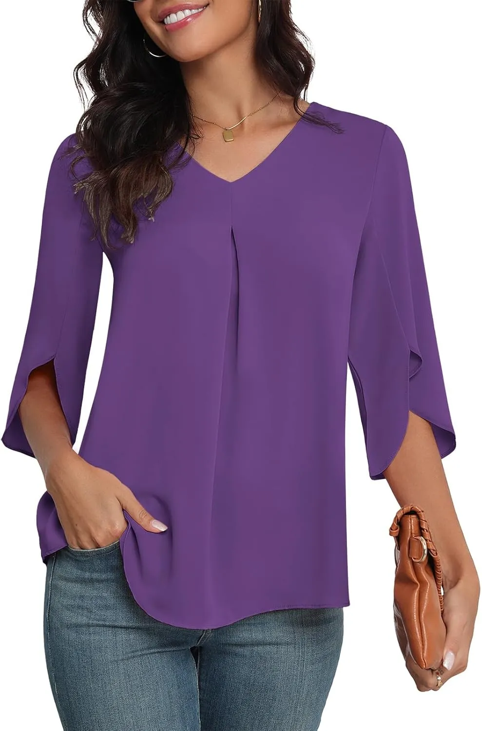 LAOLASI Womens Summer Chiffon Blouses 3/4 Sleeve V Neck Casual Loose Work Tops for Leggings 2025 Flowy Dressy Tshirts