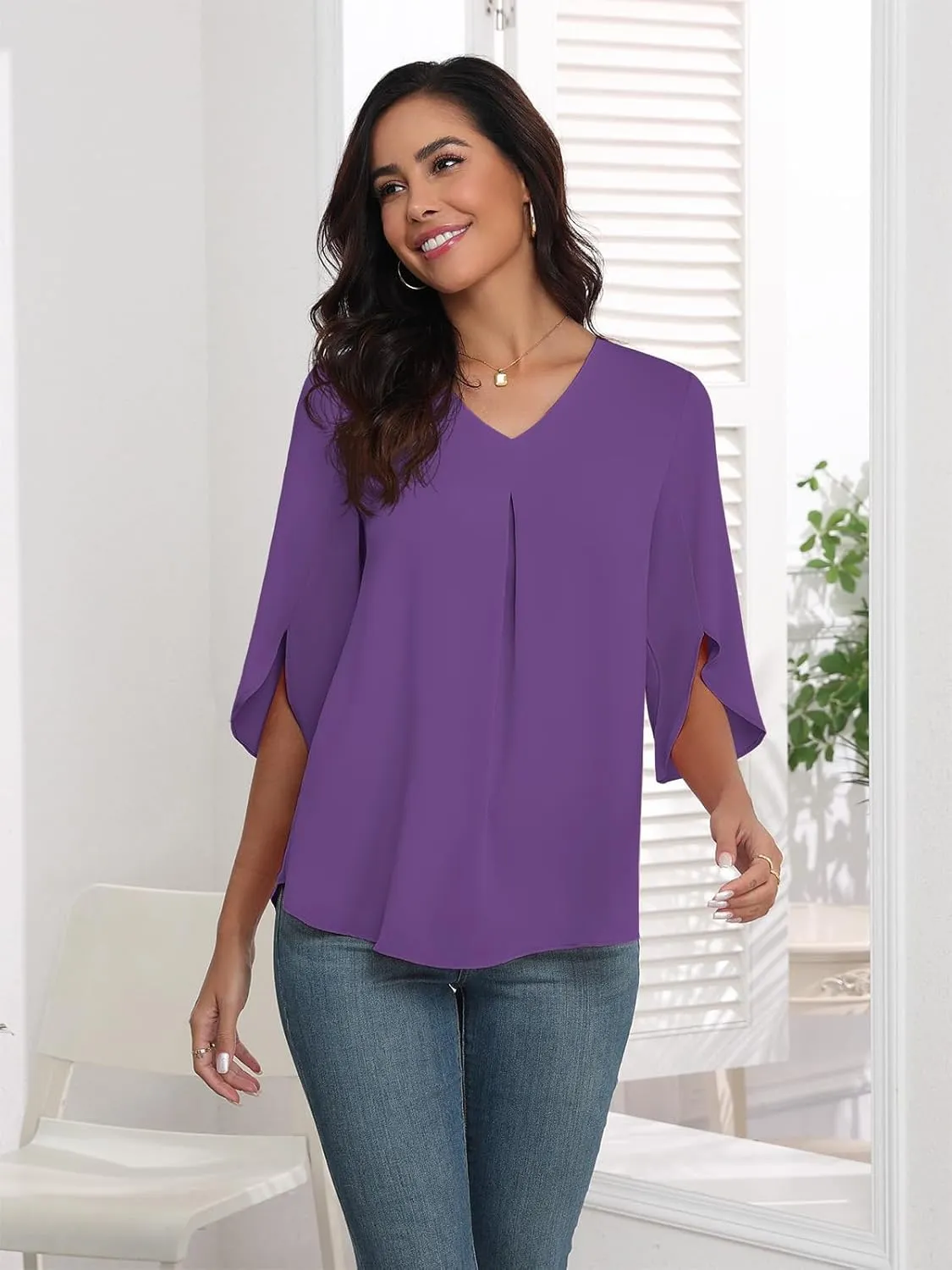 LAOLASI Womens Summer Chiffon Blouses 3/4 Sleeve V Neck Casual Loose Work Tops for Leggings 2025 Flowy Dressy Tshirts