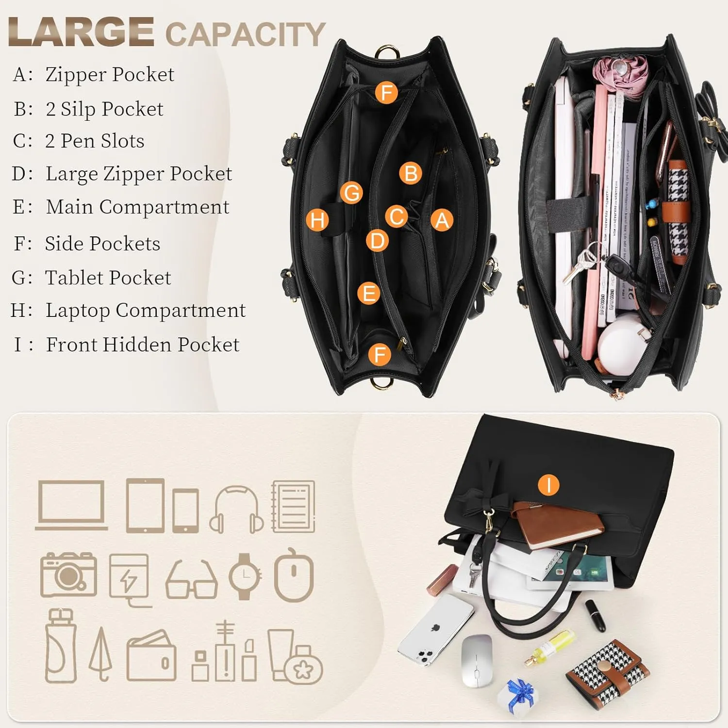 Laptop Bag for Women 15.6 inch Leather Laptop Tote Bag Large Computer Bag Waterproof Business Office Work Bag Briefcase with Satchel Purse 2pcs Set, Black