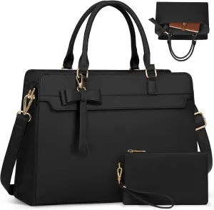 Laptop Bag for Women 15.6 inch Leather Laptop Tote Bag Large Computer Bag Waterproof Business Office Work Bag Briefcase with Satchel Purse 2pcs Set, Black