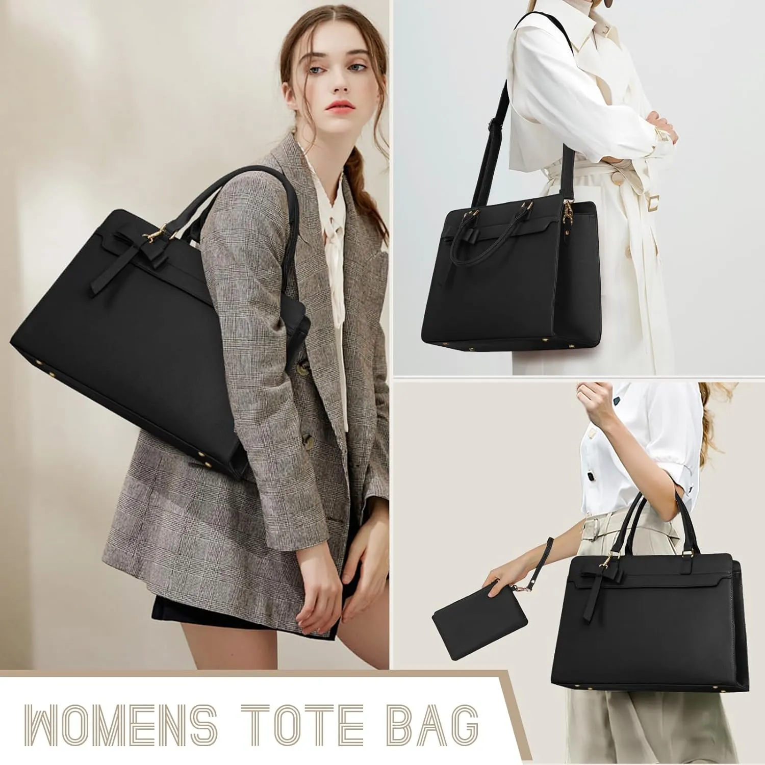 Laptop Bag for Women 15.6 inch Leather Laptop Tote Bag Large Computer Bag Waterproof Business Office Work Bag Briefcase with Satchel Purse 2pcs Set, Black